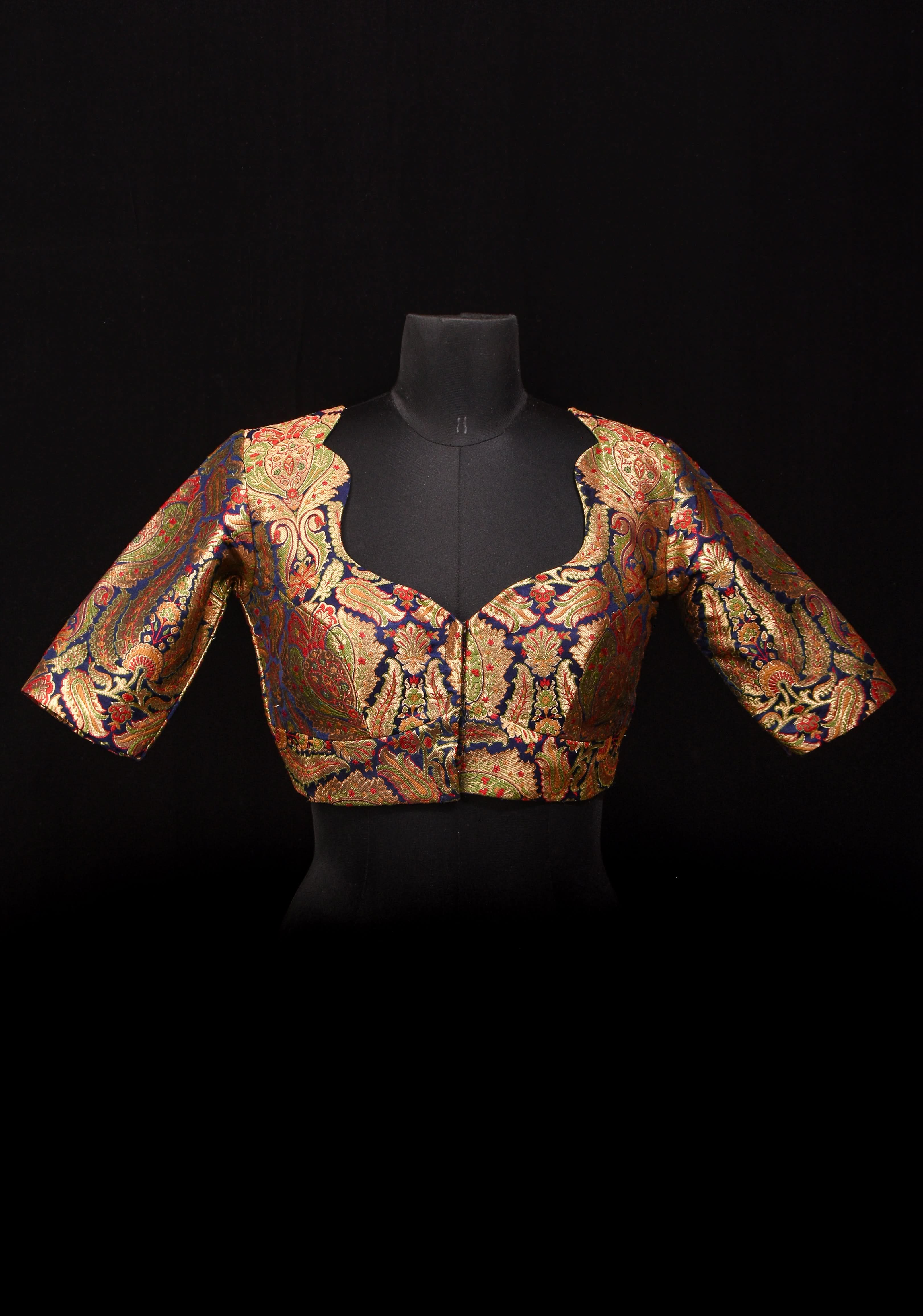 Khimkhwab Meenakari Brocade Blouse in Navy Blue Base and Arch Neck, customizable, made-to-order | Shobitam