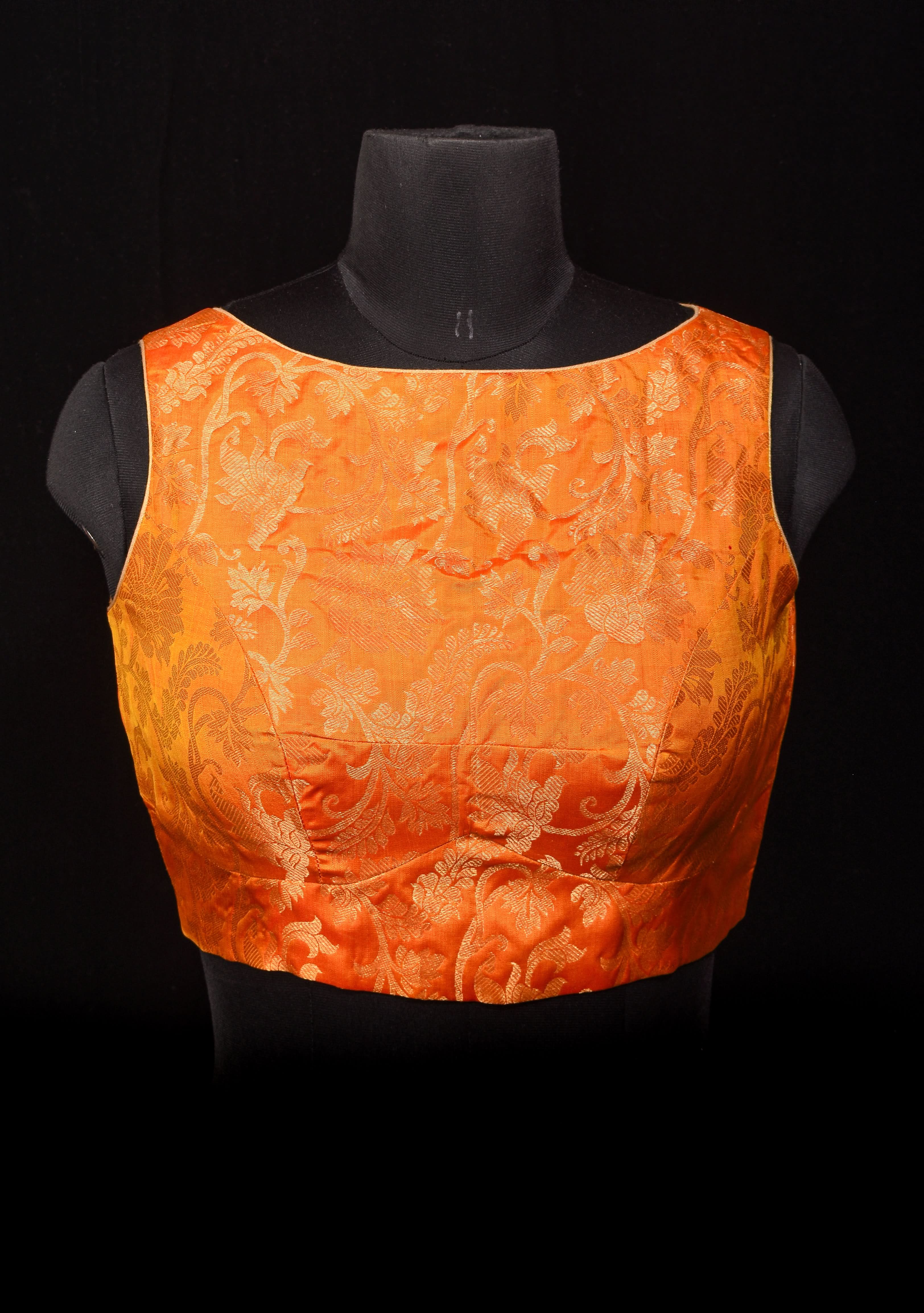 Orange Kanjivaram floral brocade sleeveless blouse, Customizable, Made to order | Shobitam