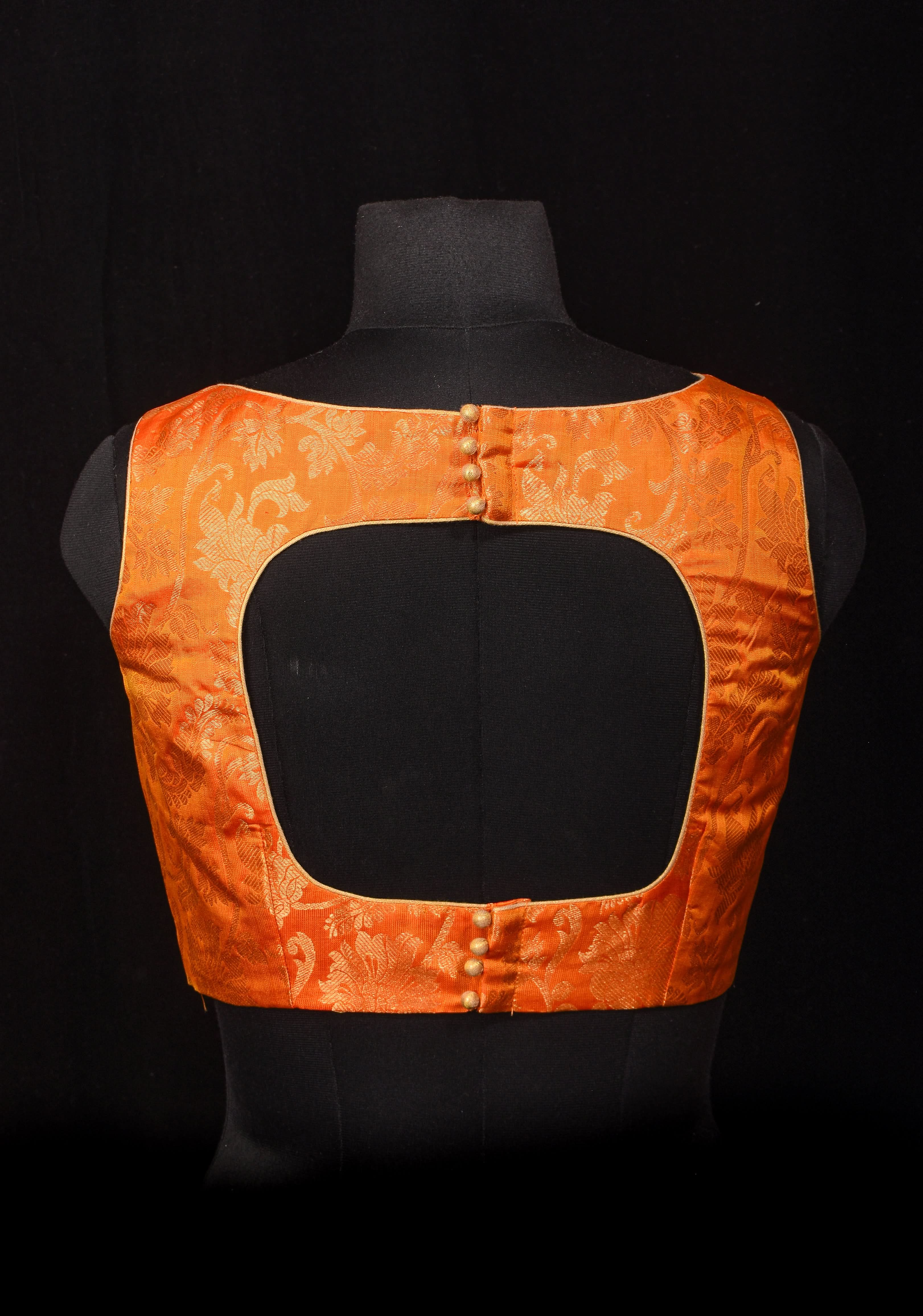 Orange Kanjivaram floral brocade sleeveless blouse, Customizable, Made to order | Shobitam