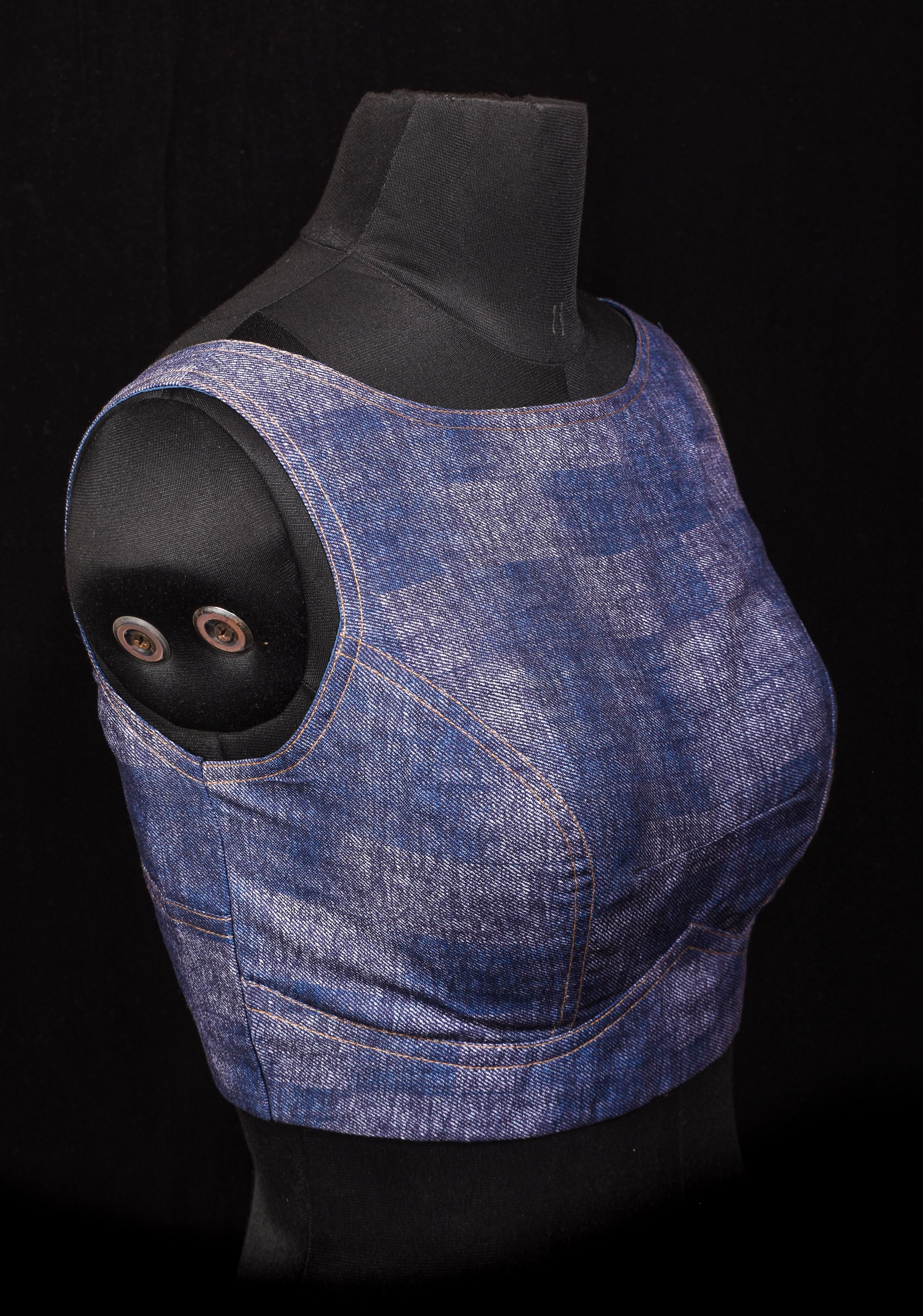 Denim Cotton Boat neck Sleeveless Blouse with Wooden Buttons, Customizable, Made To Order | Shobitam