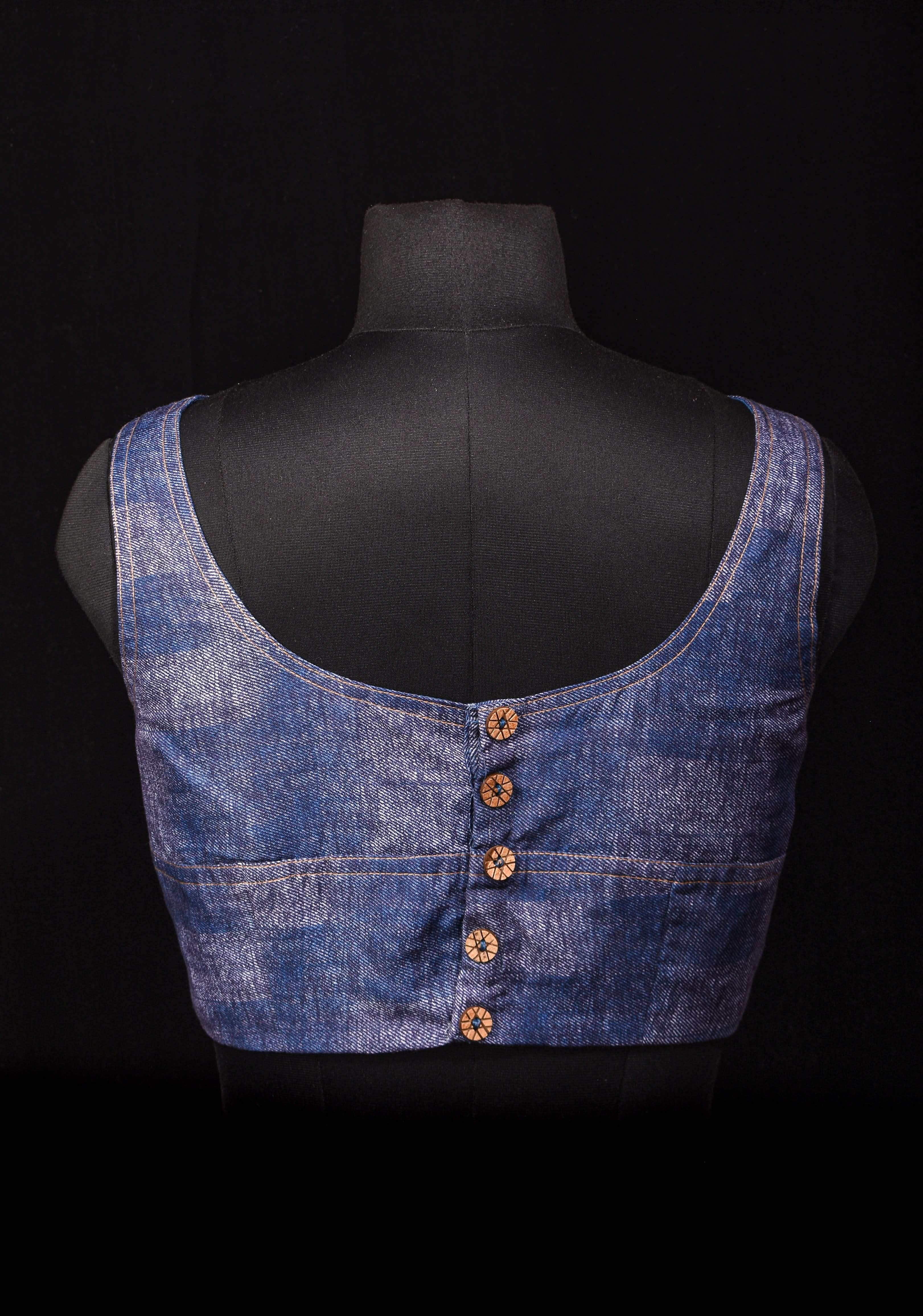 Denim Cotton Boat neck Sleeveless Blouse with Wooden Buttons, Customizable, Made To Order | Shobitam