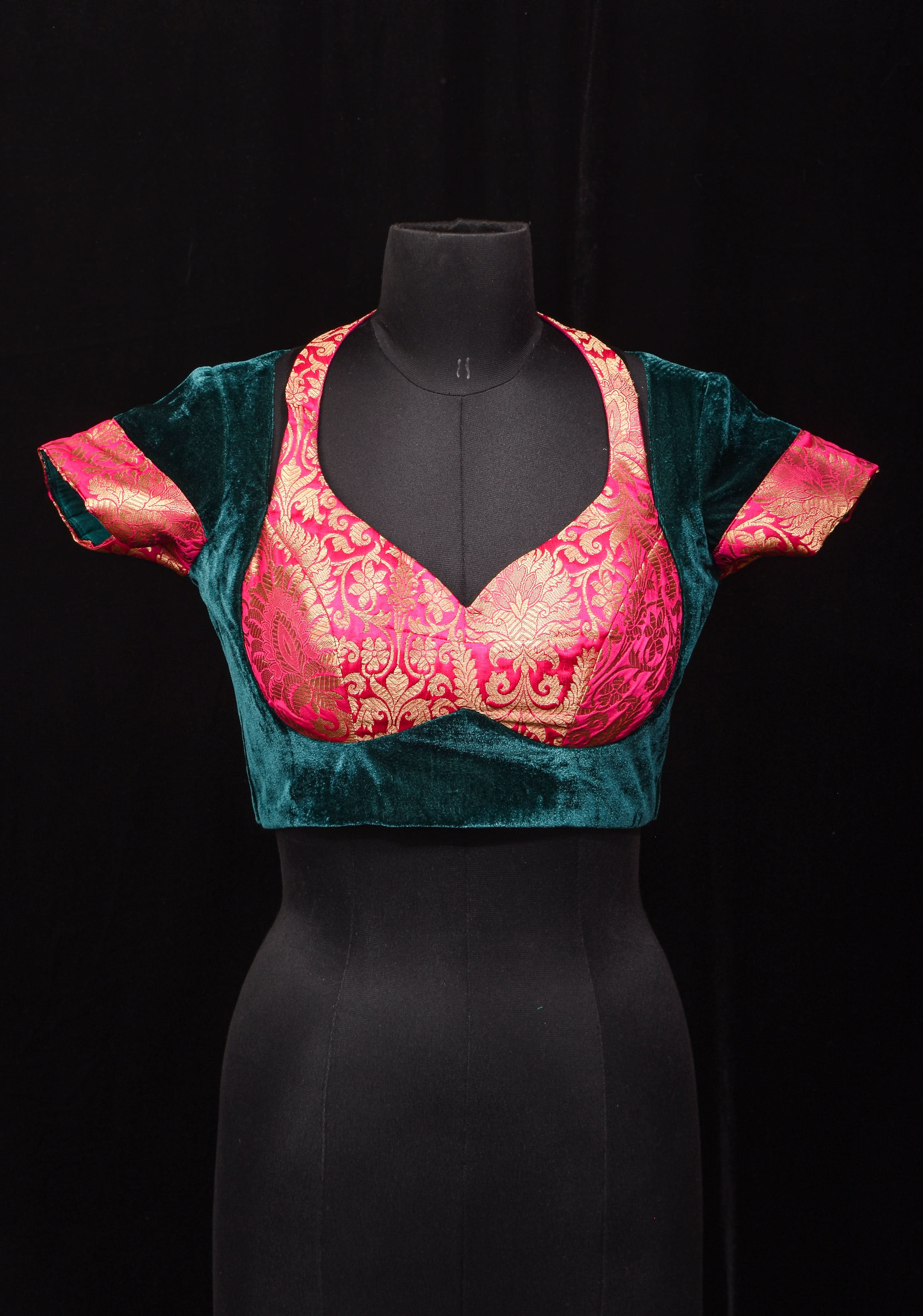 Green Pink Halter and Bustier Layered Look Blouse in Velvet and Banarasi Brocade, Customizable, Made to Order | Shobitam