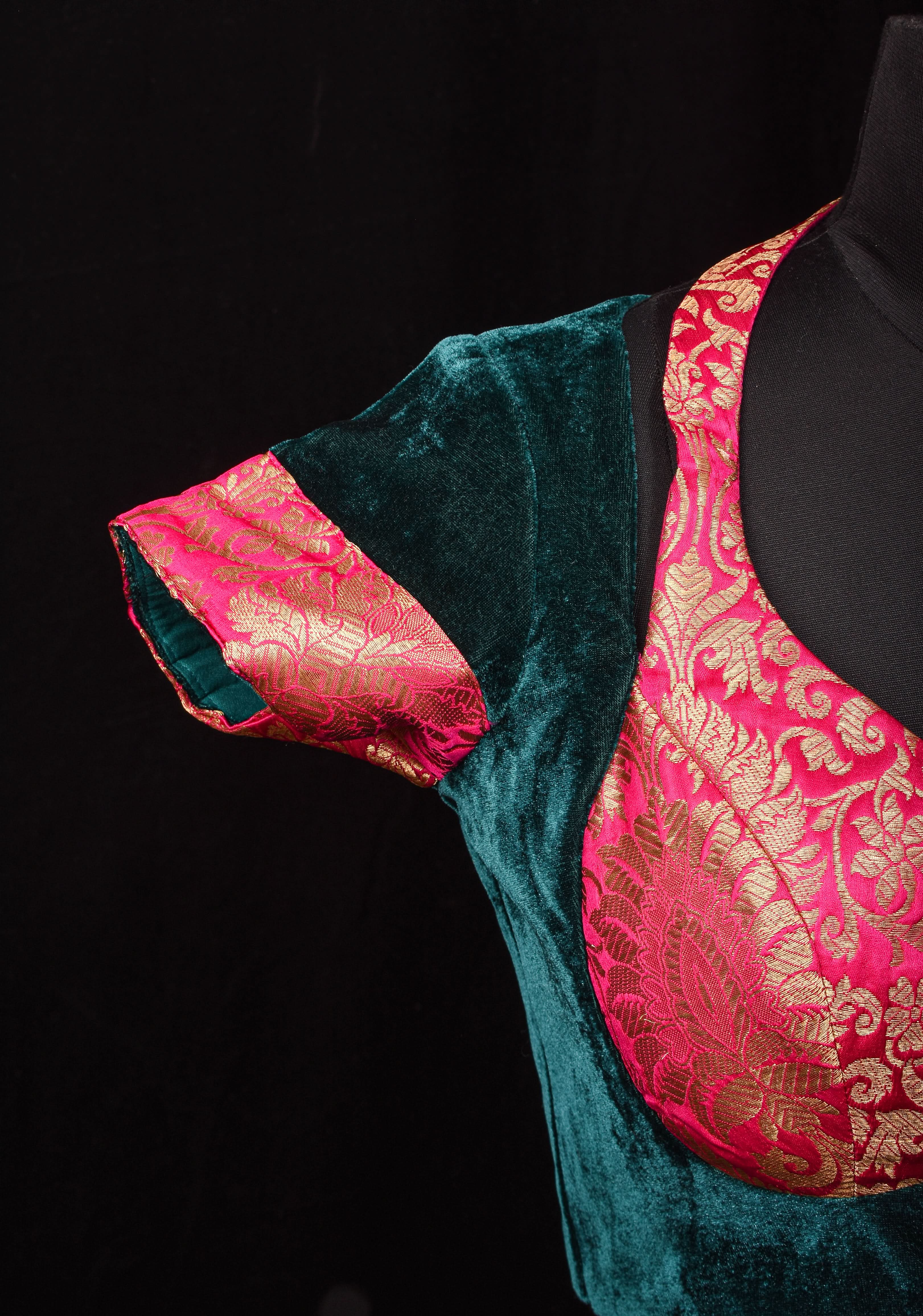 Green Pink Halter and Bustier Layered Look Blouse in Velvet and Banarasi Brocade, Customizable, Made to Order | Shobitam