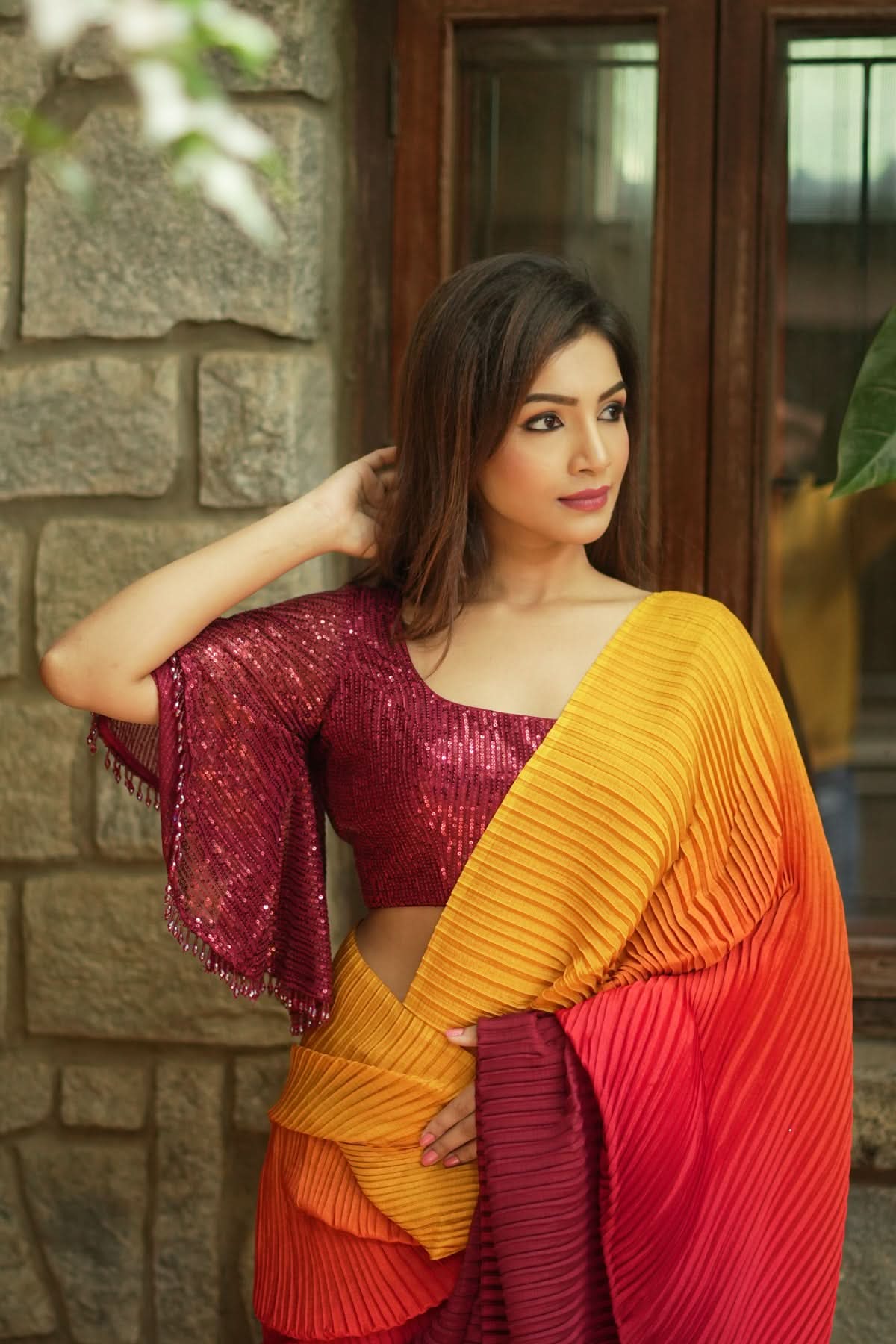 Sequin U neck blouse with Butterfly sleeves in Maroon | Shobitam