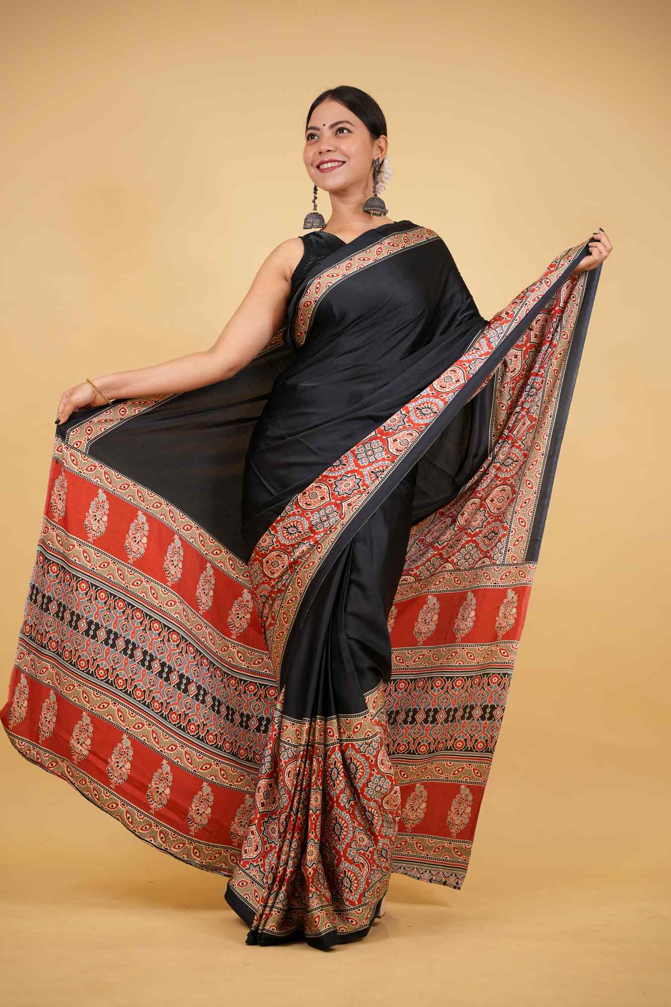 Black Soft Silk Ajrakh with Red Contrast Pallu Ready To Wear Saree