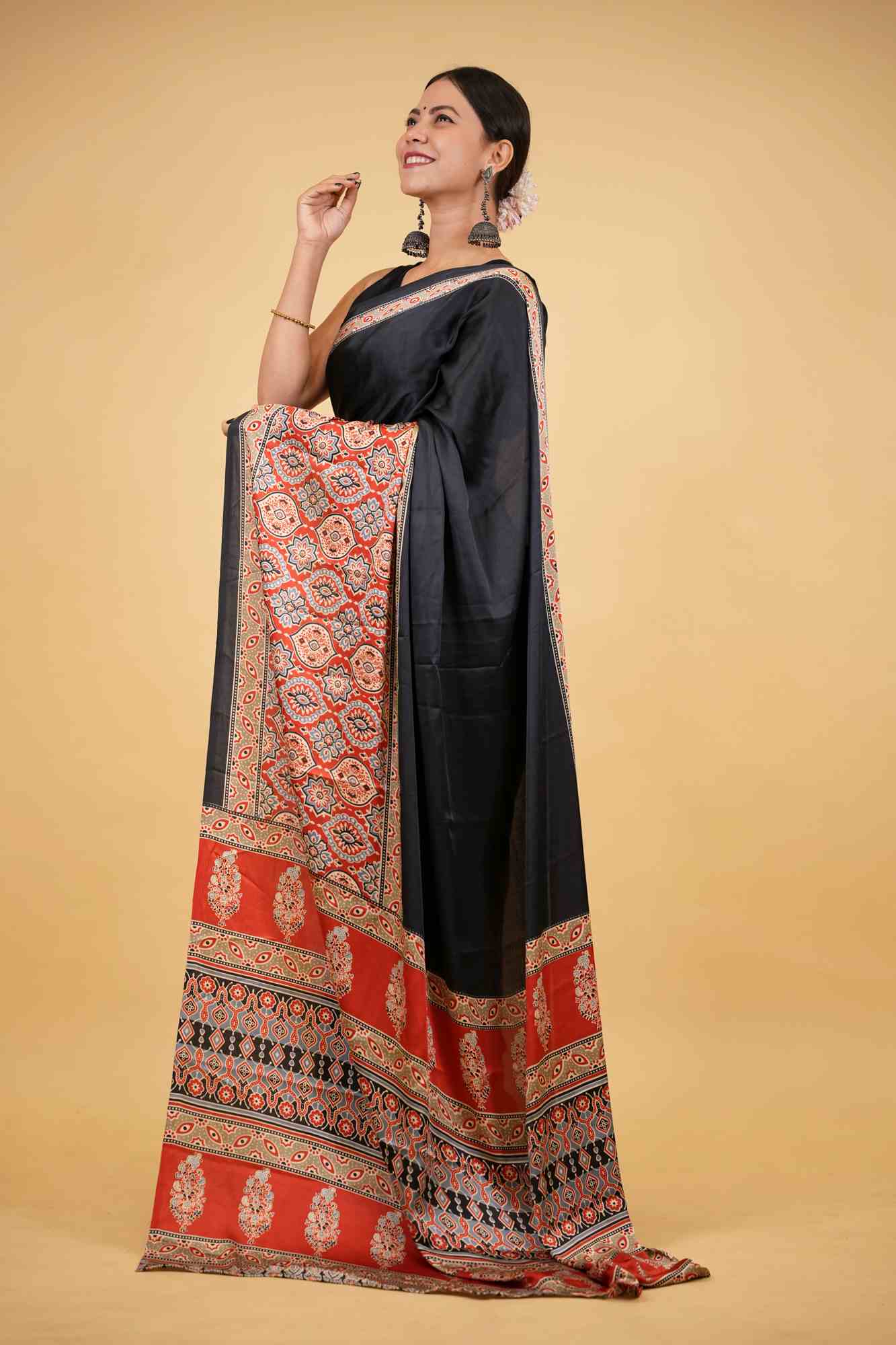 Black Soft Silk Ajrakh with Red Contrast Pallu Ready To Wear Saree