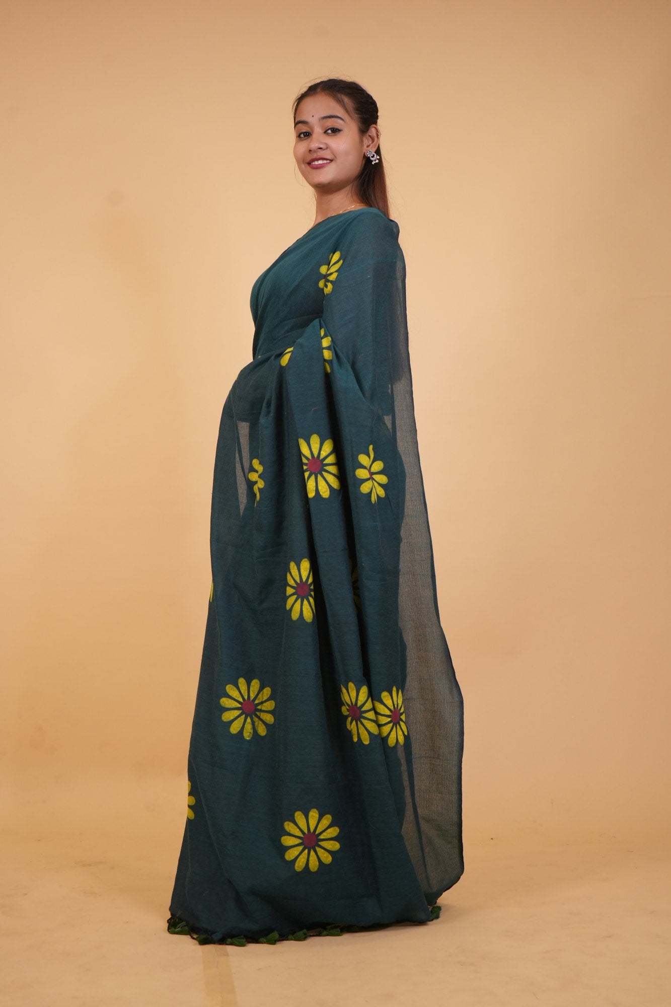 Khadi Cotton with Sunflower Hand Painted and tassel on pallu Wrap In One Minute Saree