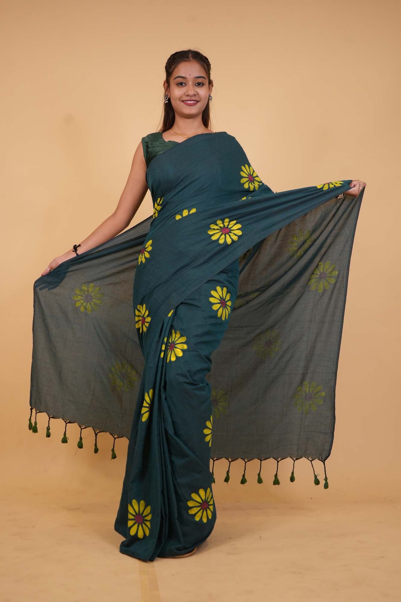 Khadi Cotton with Sunflower Hand Painted and tassel on pallu Wrap In One Minute Saree