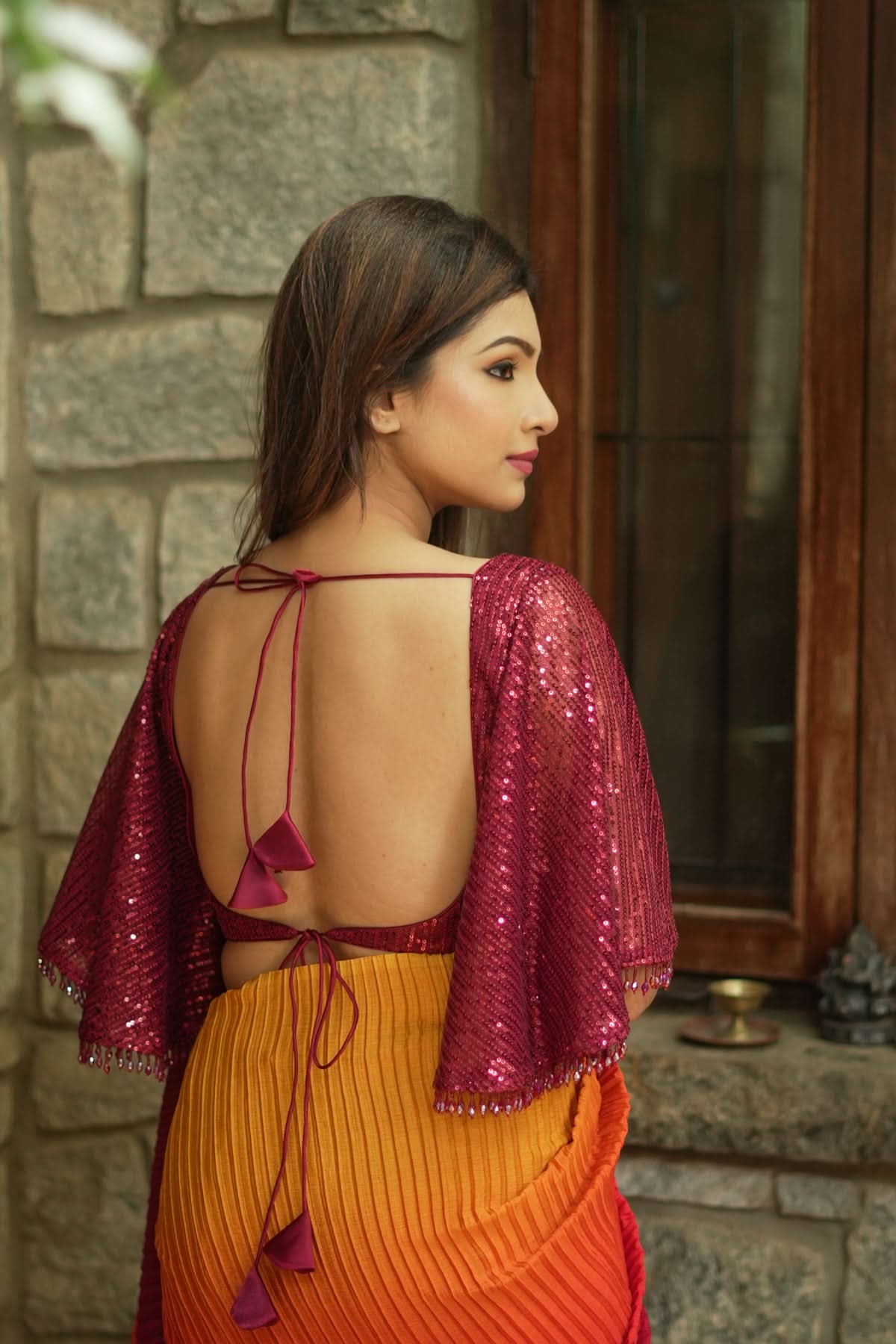 Sequin U neck blouse with Butterfly sleeves in Maroon | Shobitam