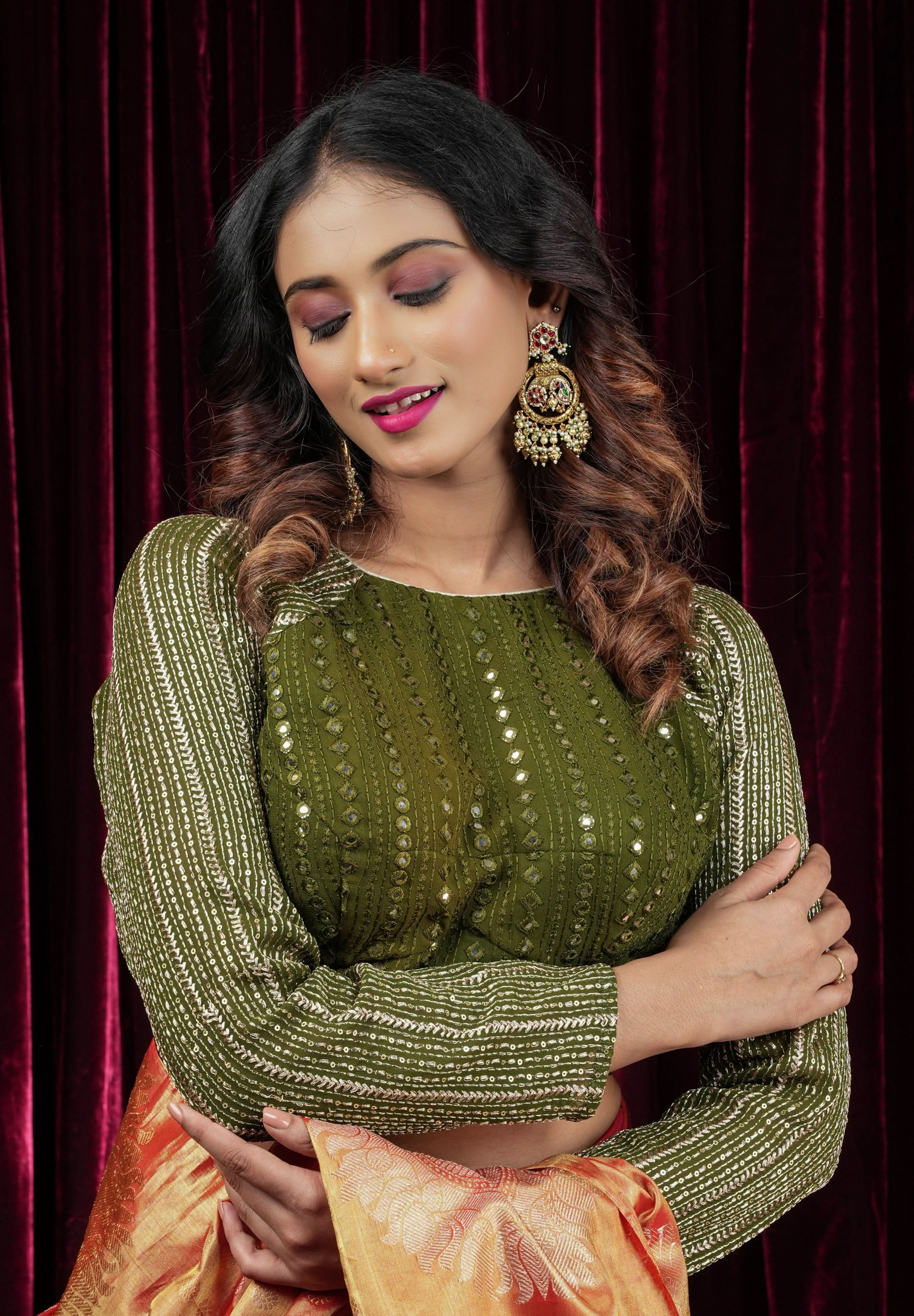 Henna Green chinon raglan three quarter sleeve foil mirror work blouse, Made to Order | Shobitam
