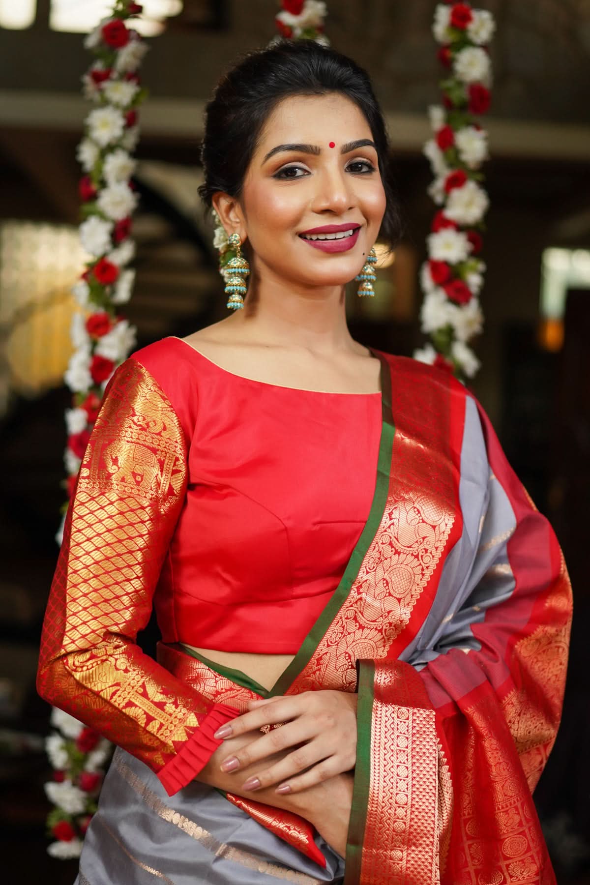 Red kanjivaram Silk Blouse with 3/4th Sleeves Mix and Match Blouse for saree, Made to Order | Shobitam