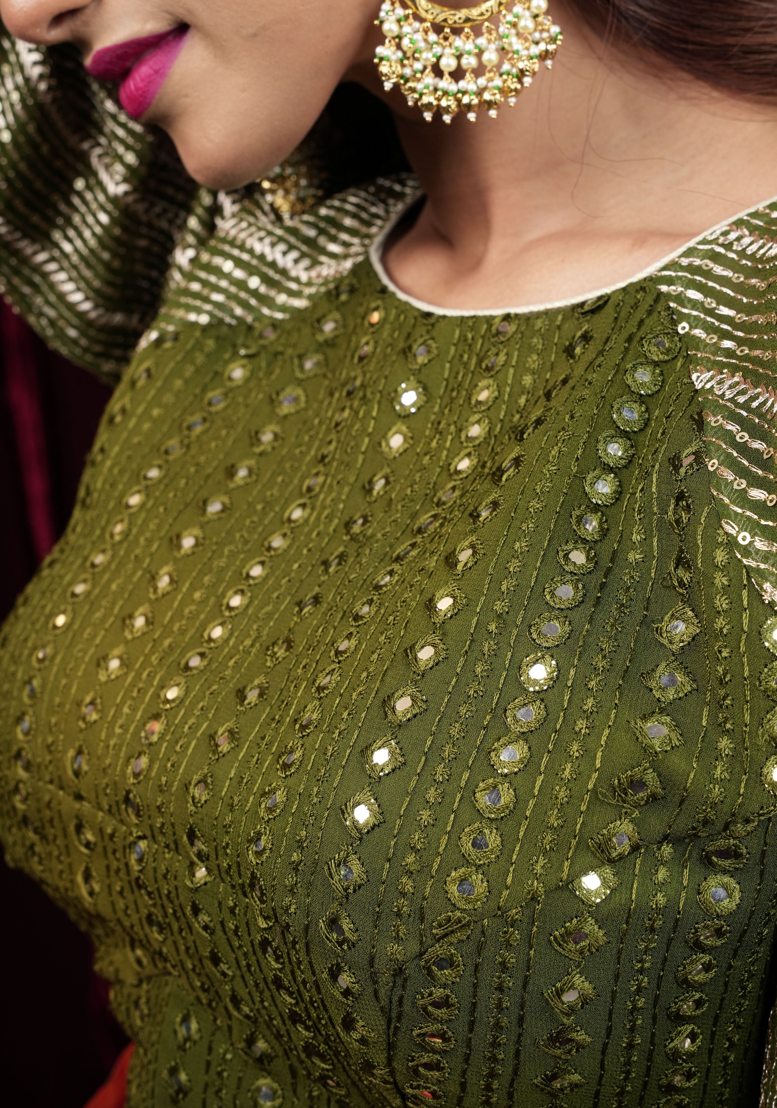 Henna Green chinon raglan three quarter sleeve foil mirror work blouse, Made to Order | Shobitam