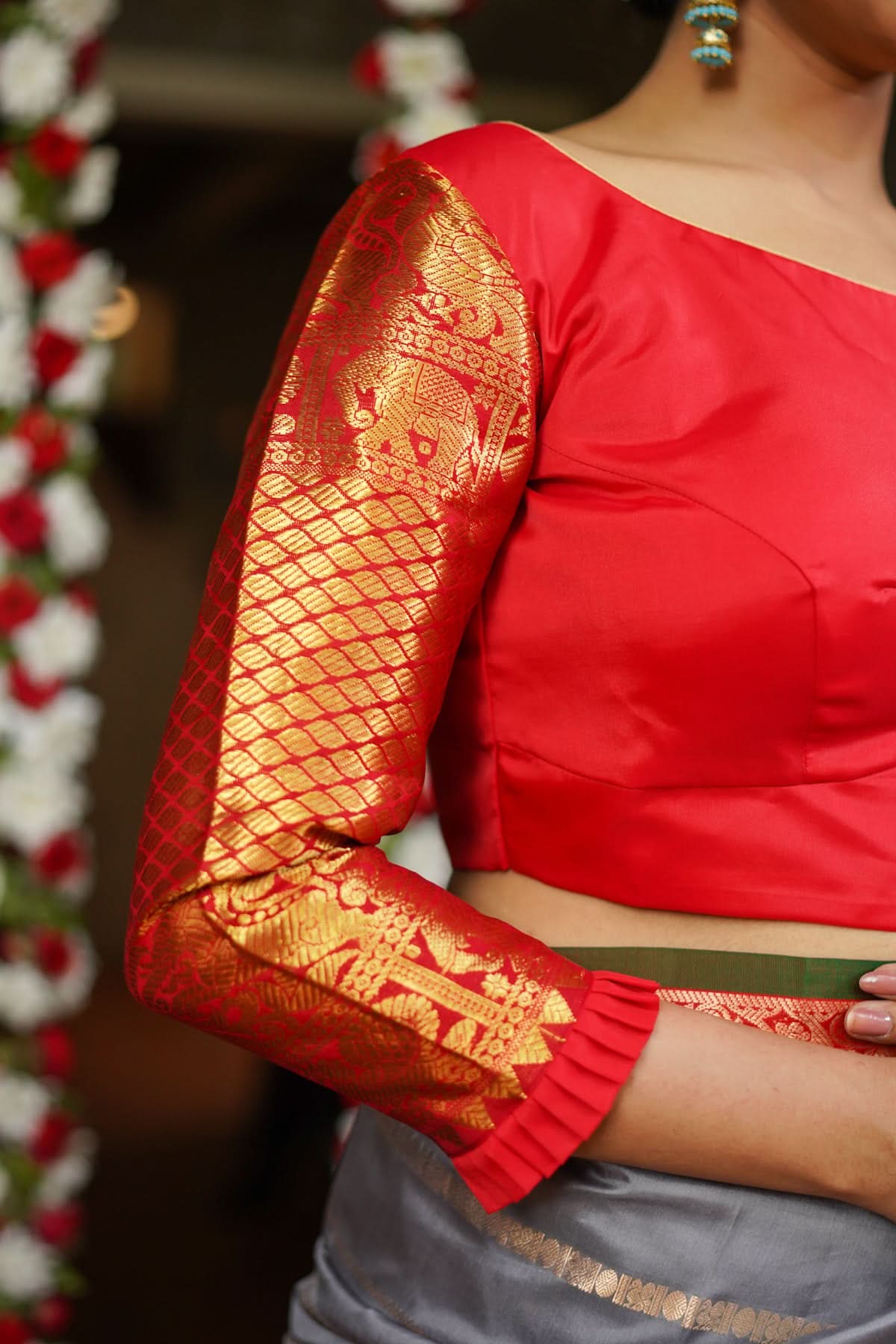 Red kanjivaram Silk Blouse with 3/4th Sleeves Mix and Match Blouse for saree, Made to Order | Shobitam