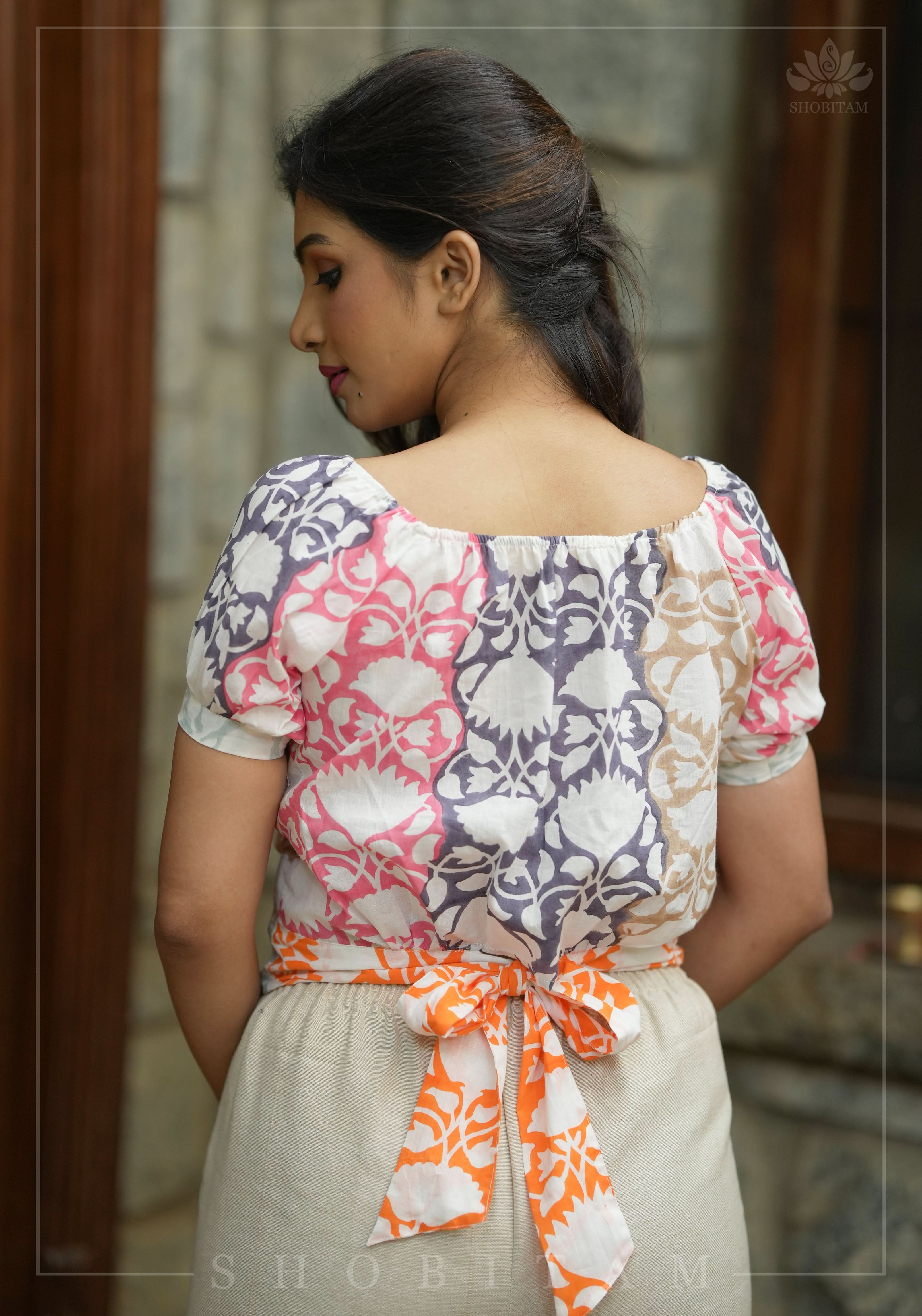 Crop Top - Patio Patchwork with Back tie design in Mul Cotton, Made to Order | Shobitam