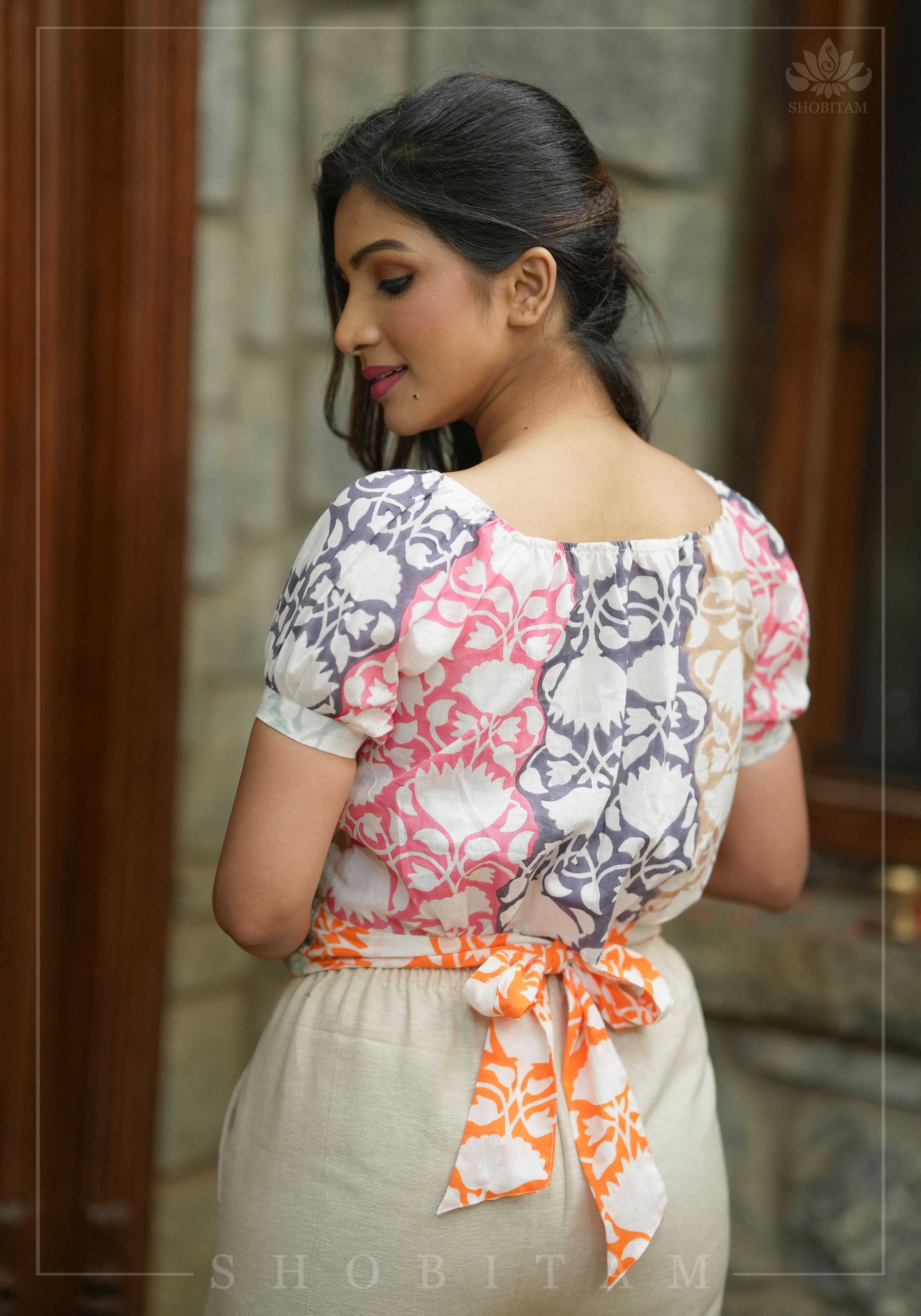 Crop Top - Patio Patchwork with Back tie design in Mul Cotton, Made to Order | Shobitam