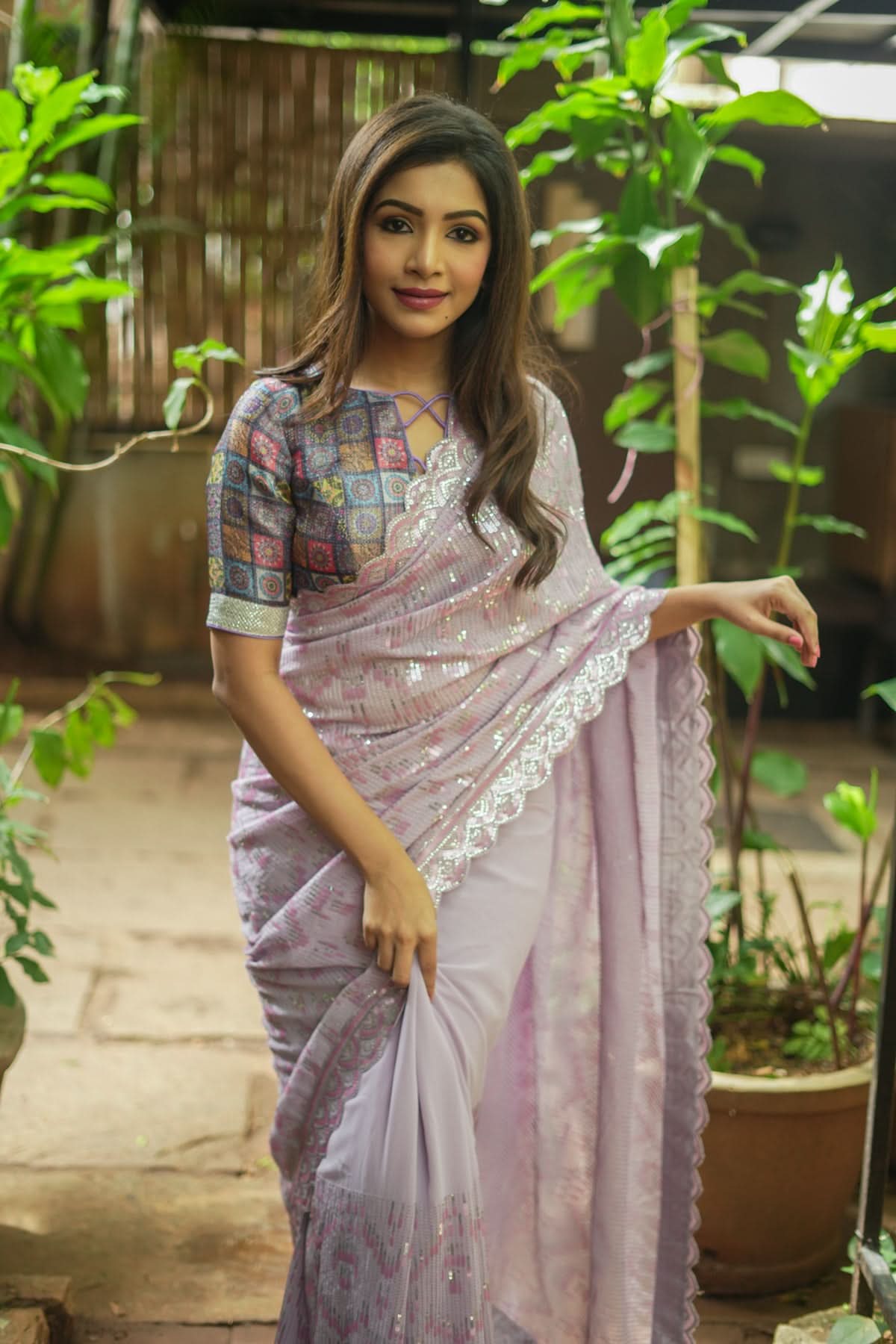 Full Sequins Embellished Georgette Saree in mauve with Scalloped border | Shobitam