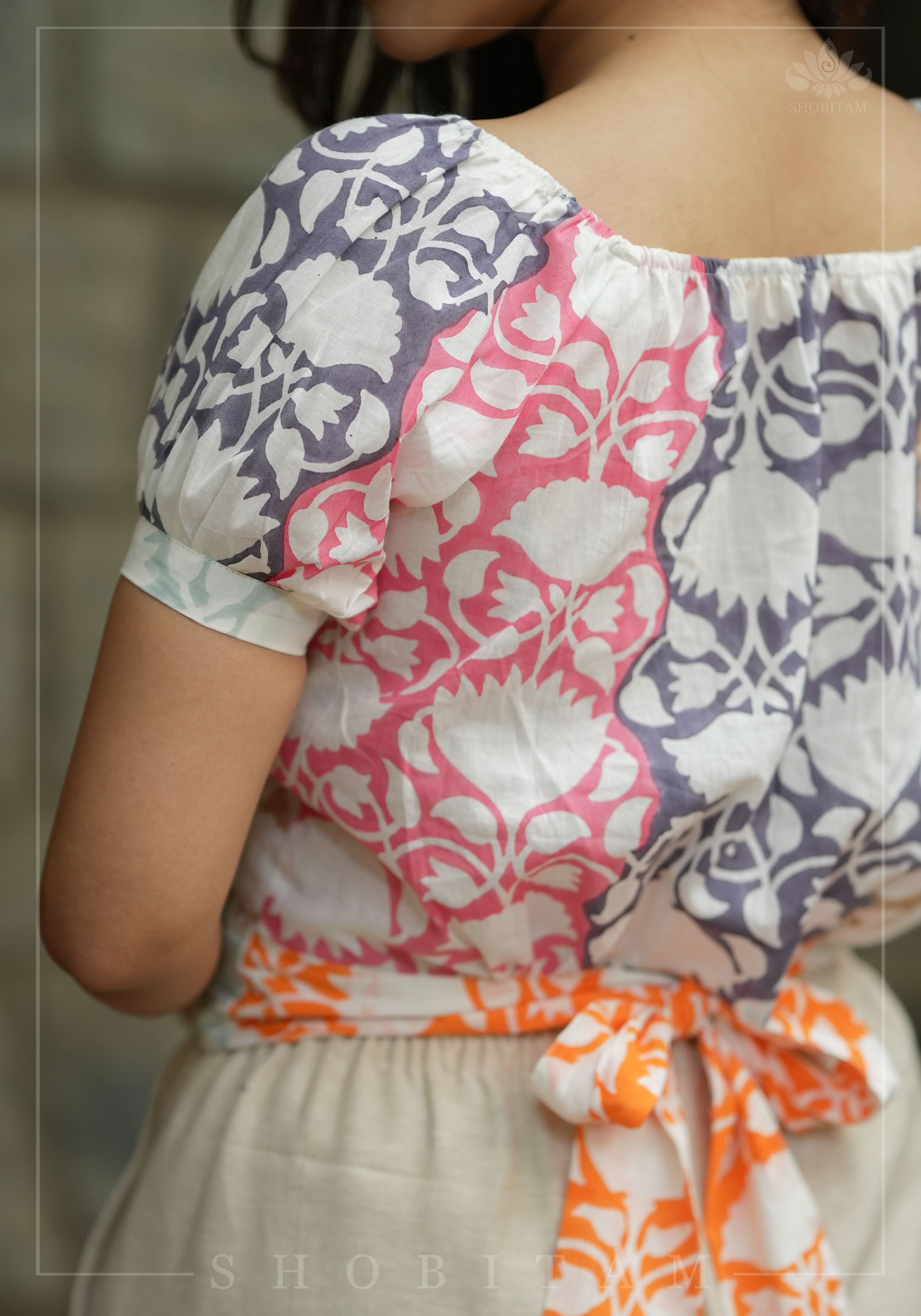 Crop Top - Patio Patchwork with Back tie design in Mul Cotton, Made to Order | Shobitam