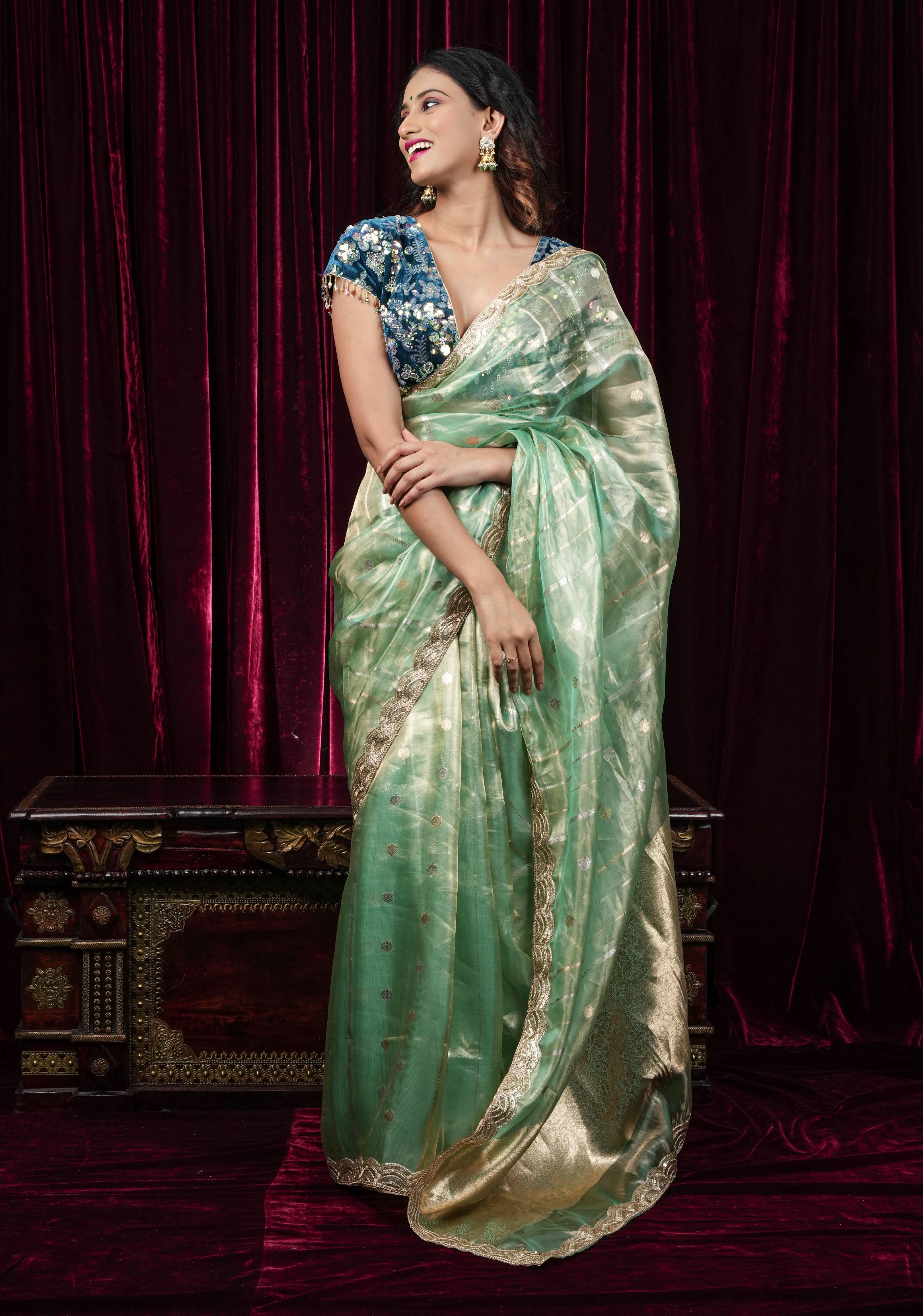 Teal Velvet 3D sequin arch back tie blouse with multicolor danglers, Made to Order | Shobitam