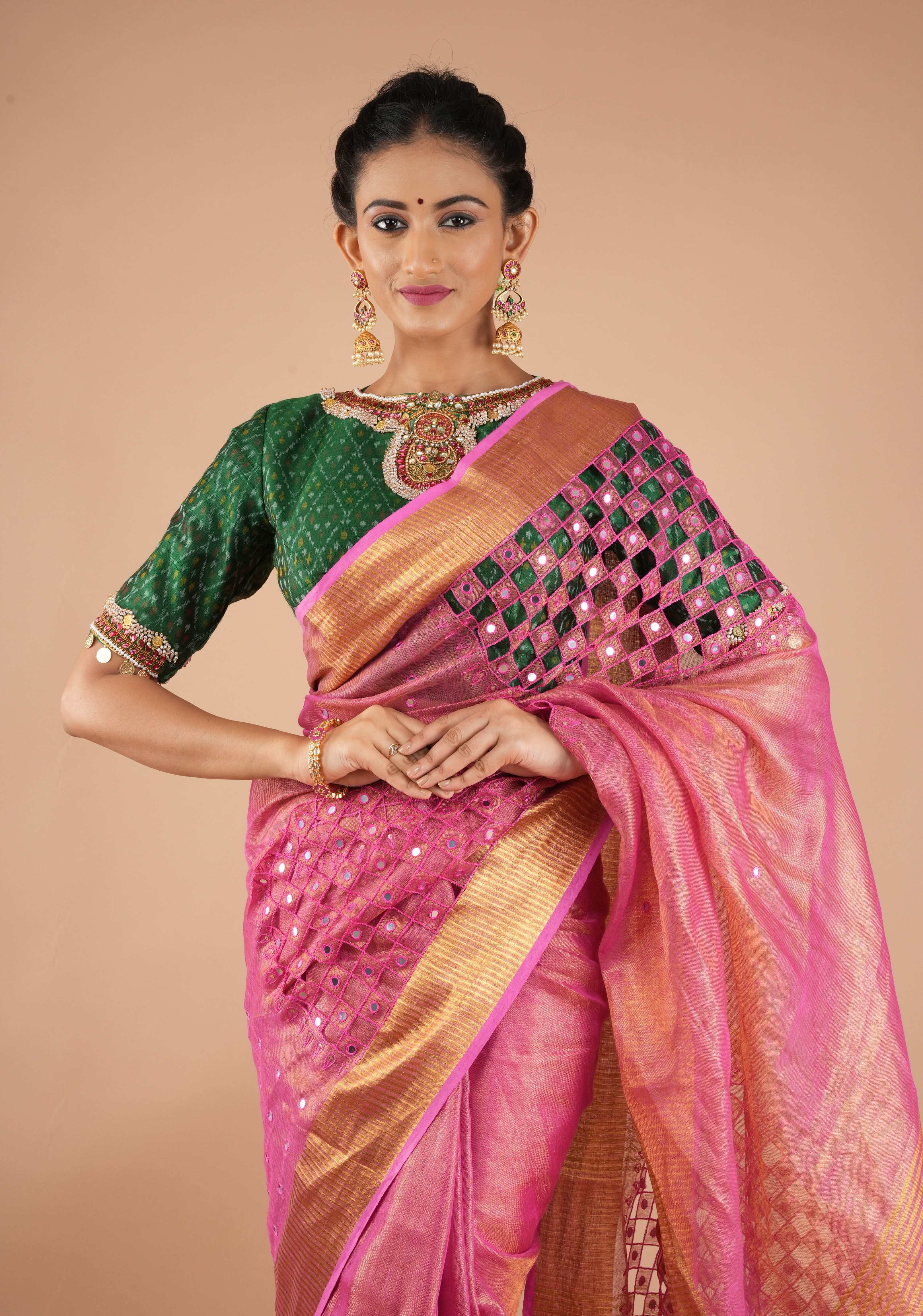 Green Ikkat Pure Raw Silk Blouse with Kemp and Moti Necklace and Bajuband design Handwork, Made to Order, Customizable | Shobitam