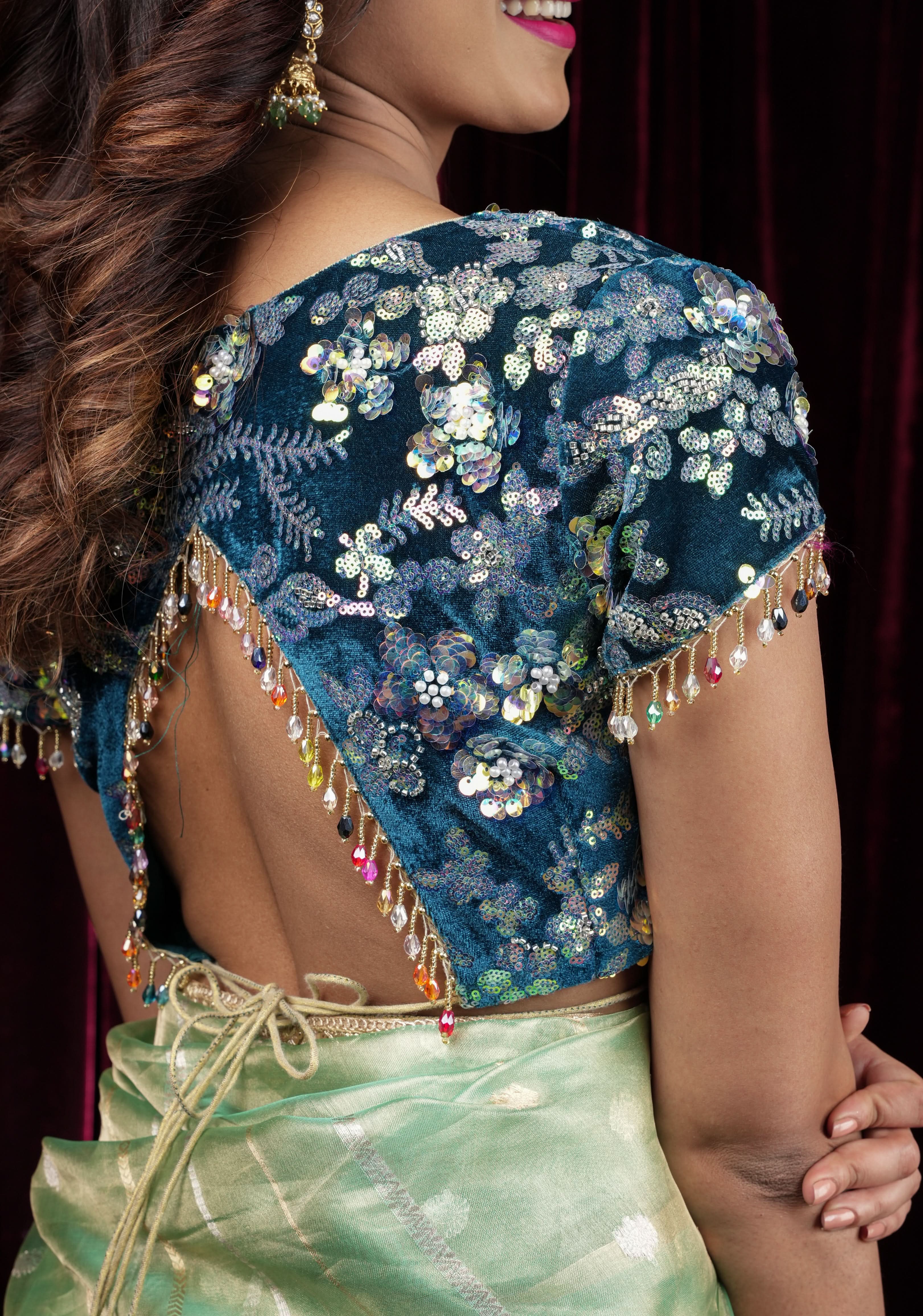Teal Velvet 3D sequin arch back tie blouse with multicolor danglers, Made to Order | Shobitam