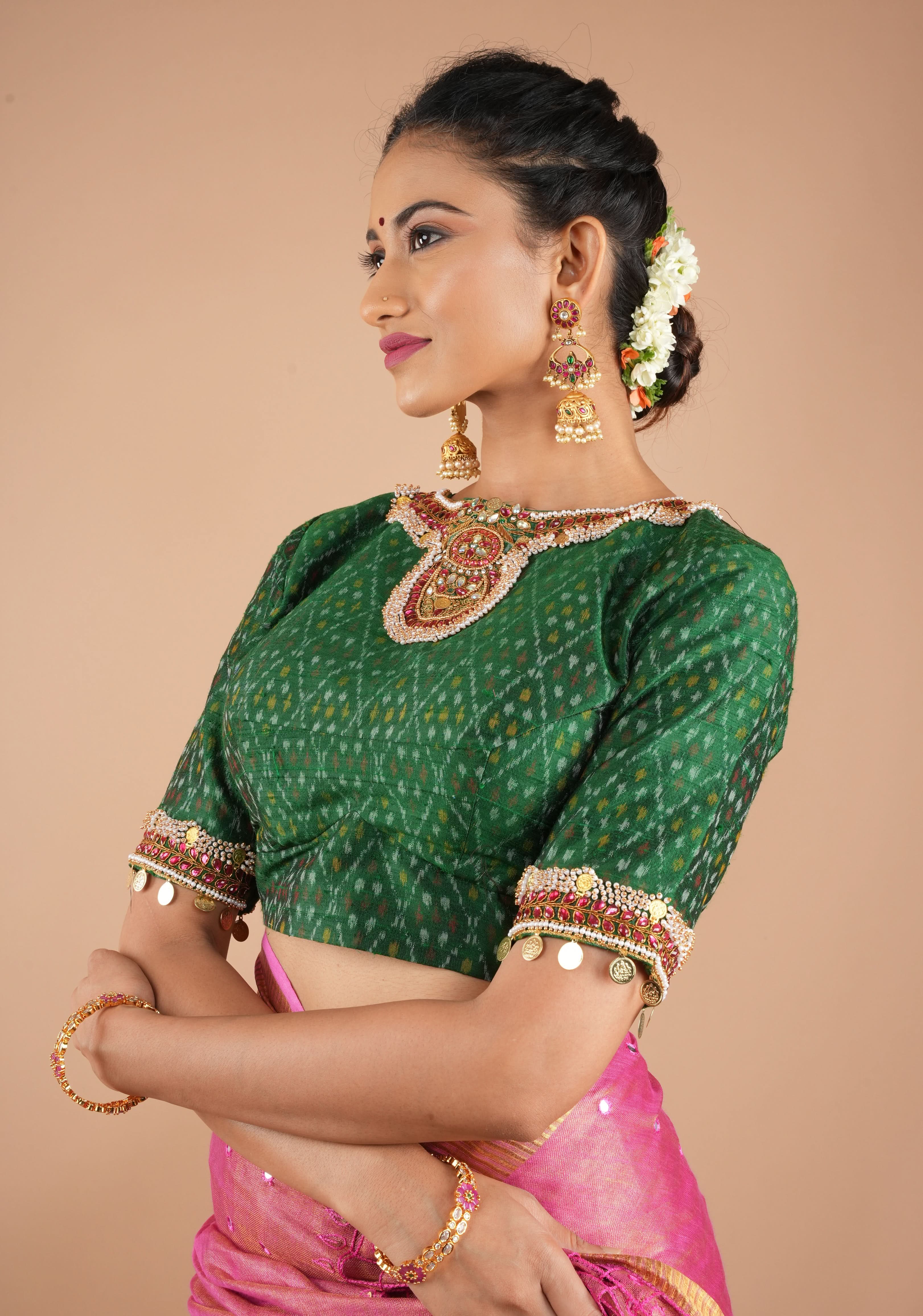 Green Ikkat Pure Raw Silk Blouse with Kemp and Moti Necklace and Bajuband design Handwork, Made to Order, Customizable | Shobitam