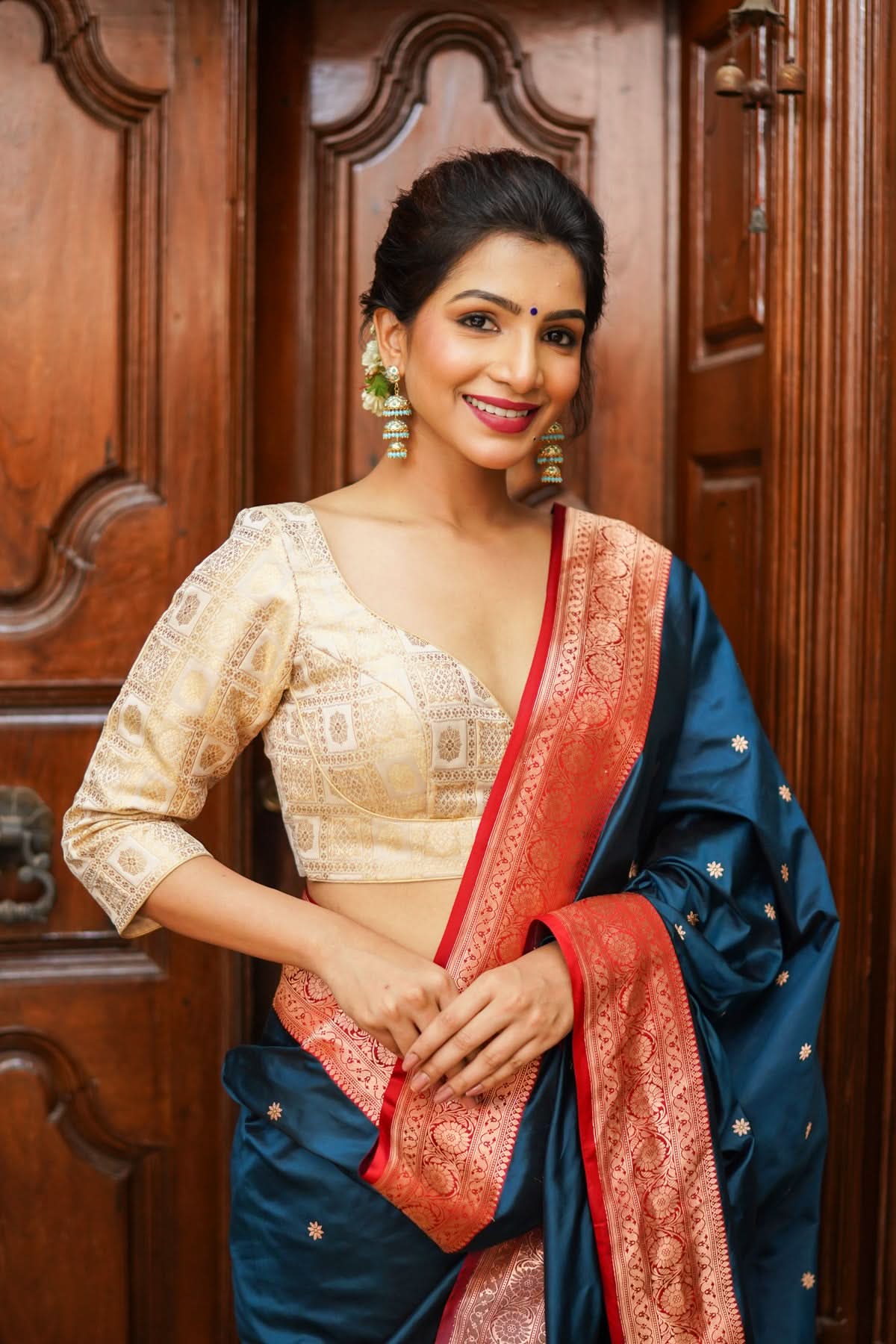 Ivory Patola Design Brocade Mix and Match Blouse with 3/4 sleeve for saree, Made to Order | Shobitam