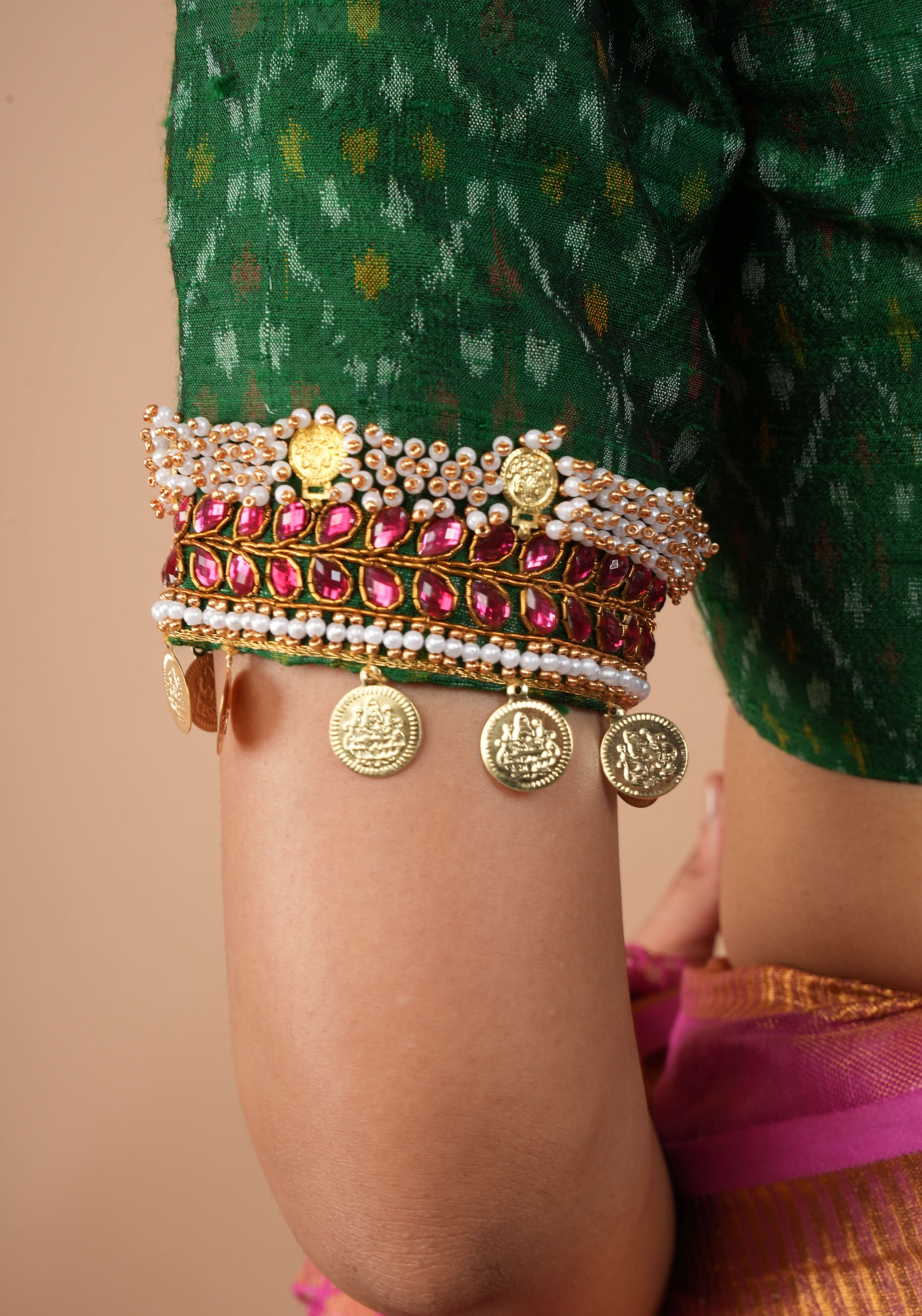 Green Ikkat Pure Raw Silk Blouse with Kemp and Moti Necklace and Bajuband design Handwork, Made to Order, Customizable | Shobitam