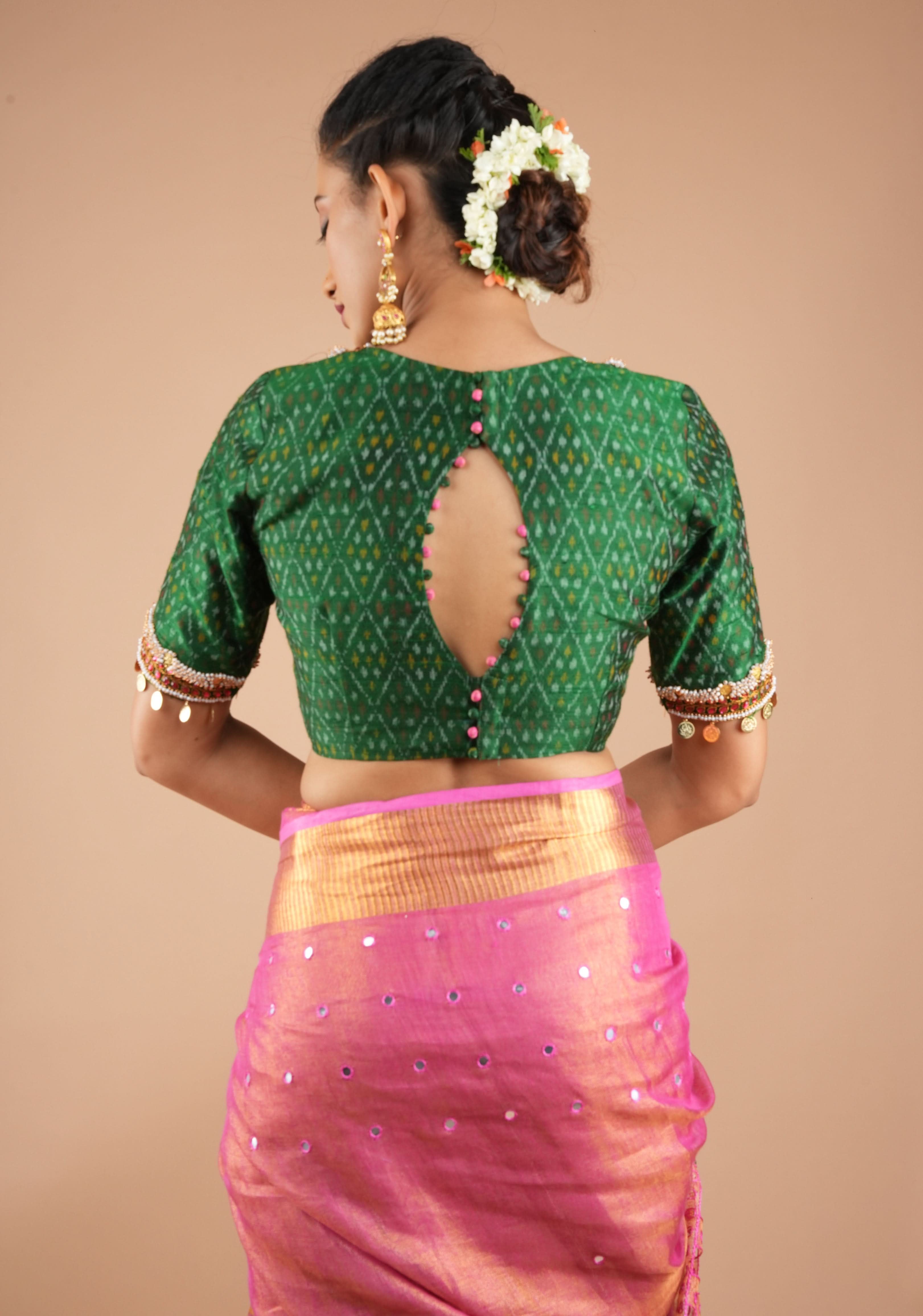 Green Ikkat Pure Raw Silk Blouse with Kemp and Moti Necklace and Bajuband design Handwork, Made to Order, Customizable | Shobitam