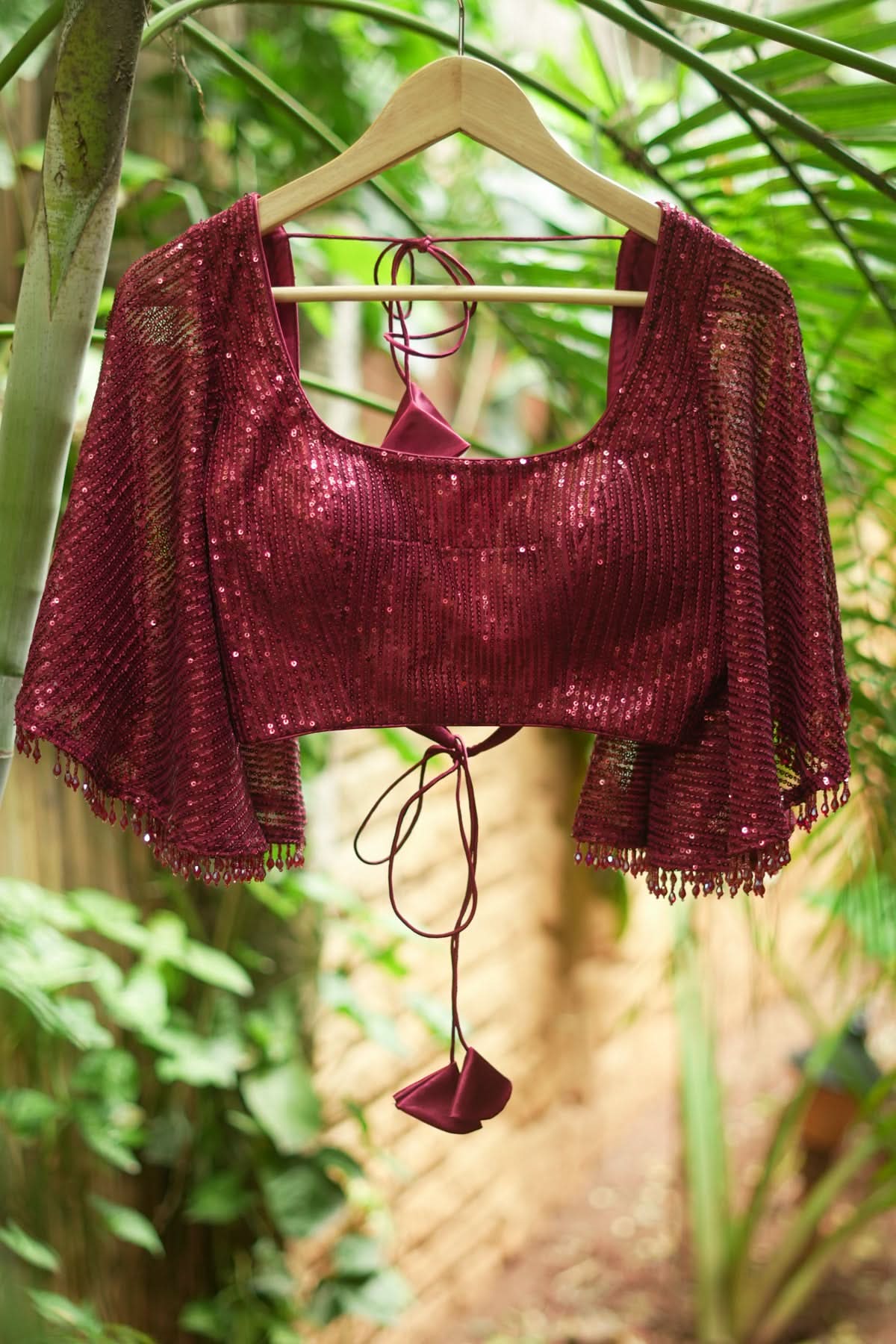 Sequin U neck blouse with Butterfly sleeves in Maroon | Shobitam