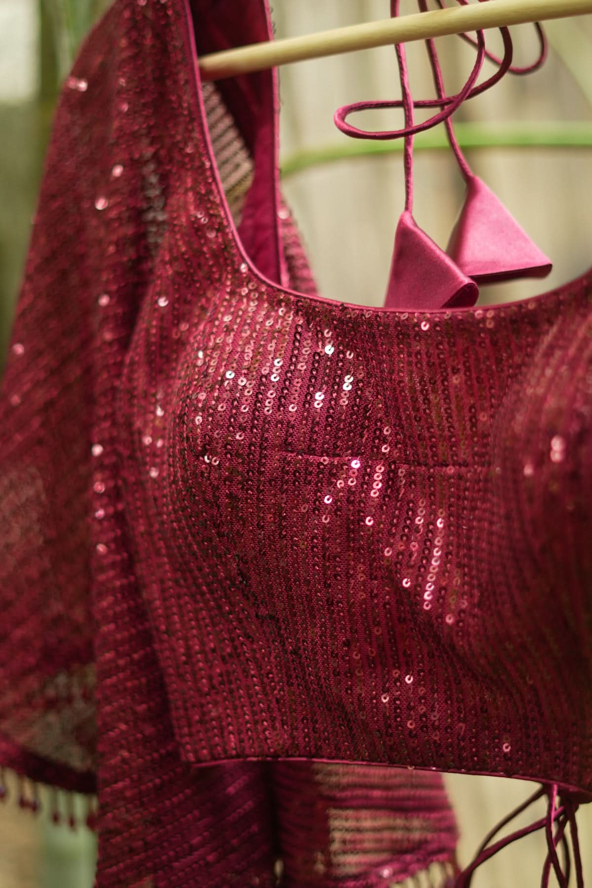 Sequin U neck blouse with Butterfly sleeves in Maroon | Shobitam