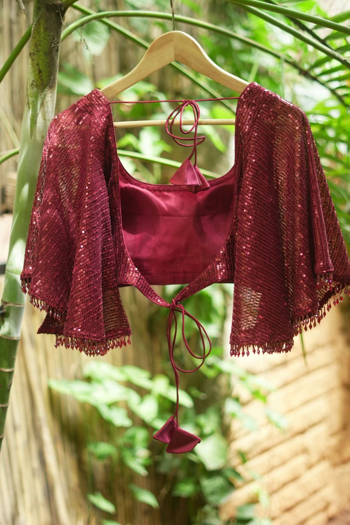 Sequin U neck blouse with Butterfly sleeves in Maroon | Shobitam