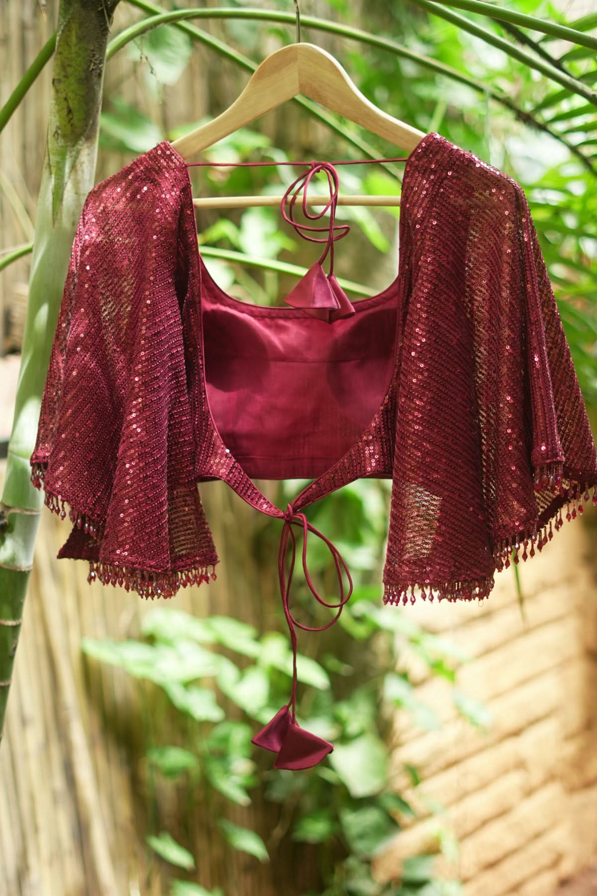Sequin U neck blouse with Butterfly sleeves in Maroon | Shobitam