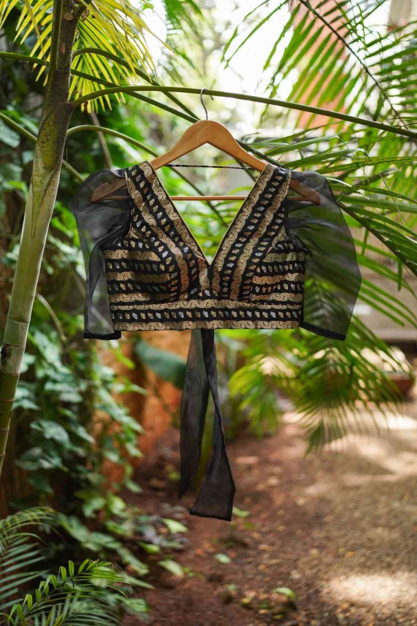 Black Brocade Blouse with Organza Puff Sleeves Mix and Match Blouse for saree, Made to Order