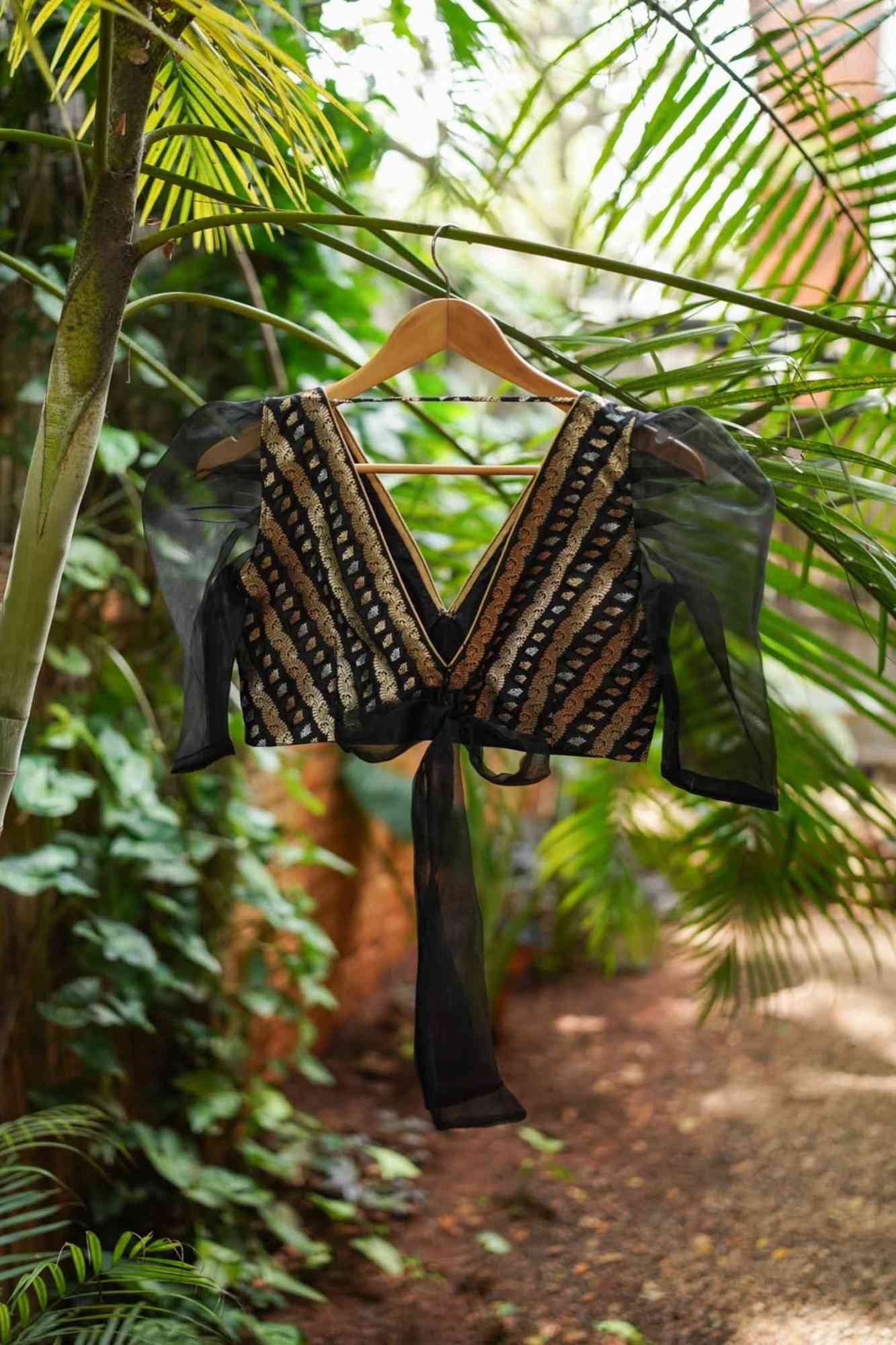 Black Brocade Blouse with Organza Puff Sleeves Mix and Match Blouse for saree, Made to Order