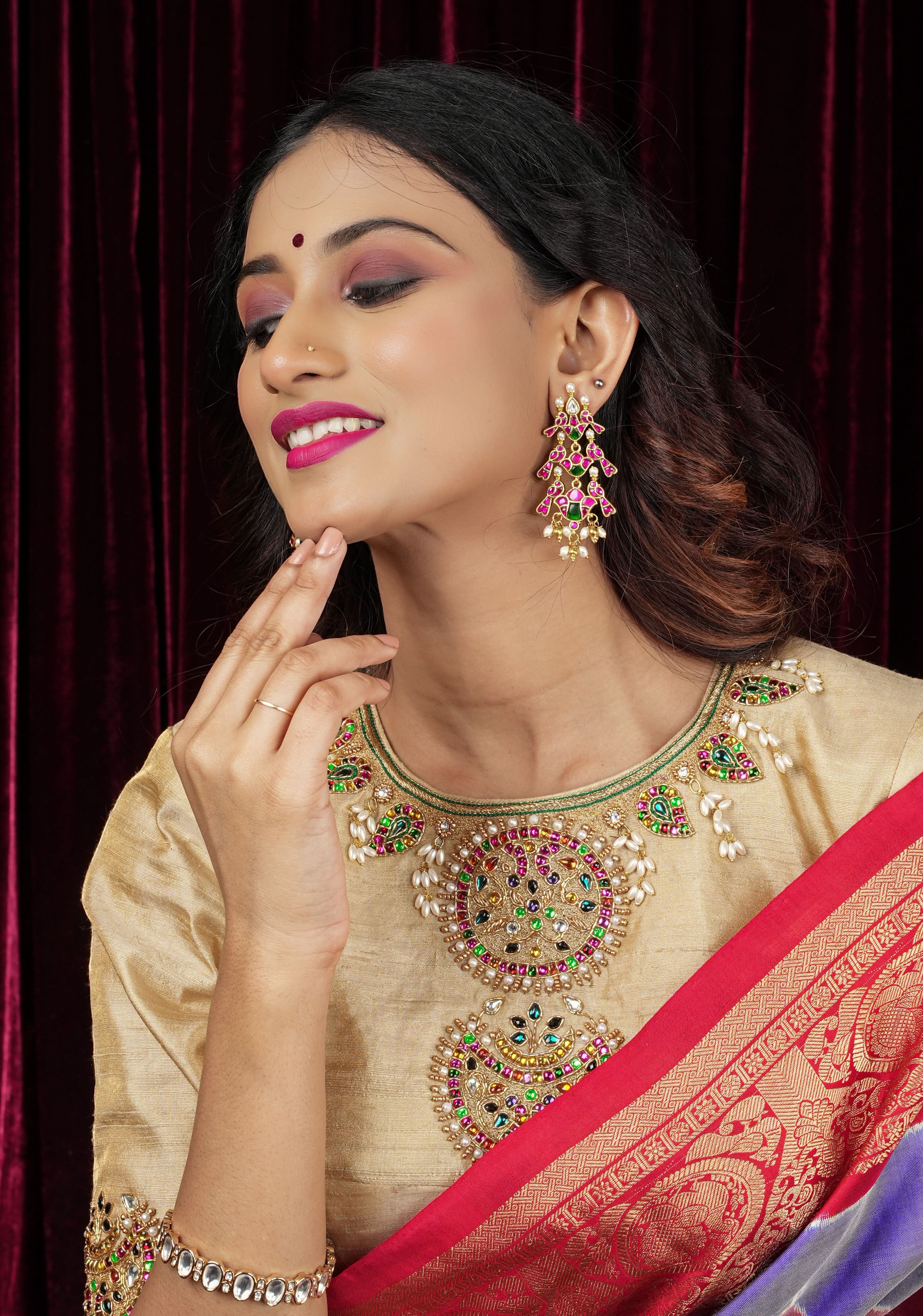 Sandalwood Color Pure Raw Silk Tissue Blouse with multicolor stone Necklace and Bajuband Handwork, Made to Order | Shobitam