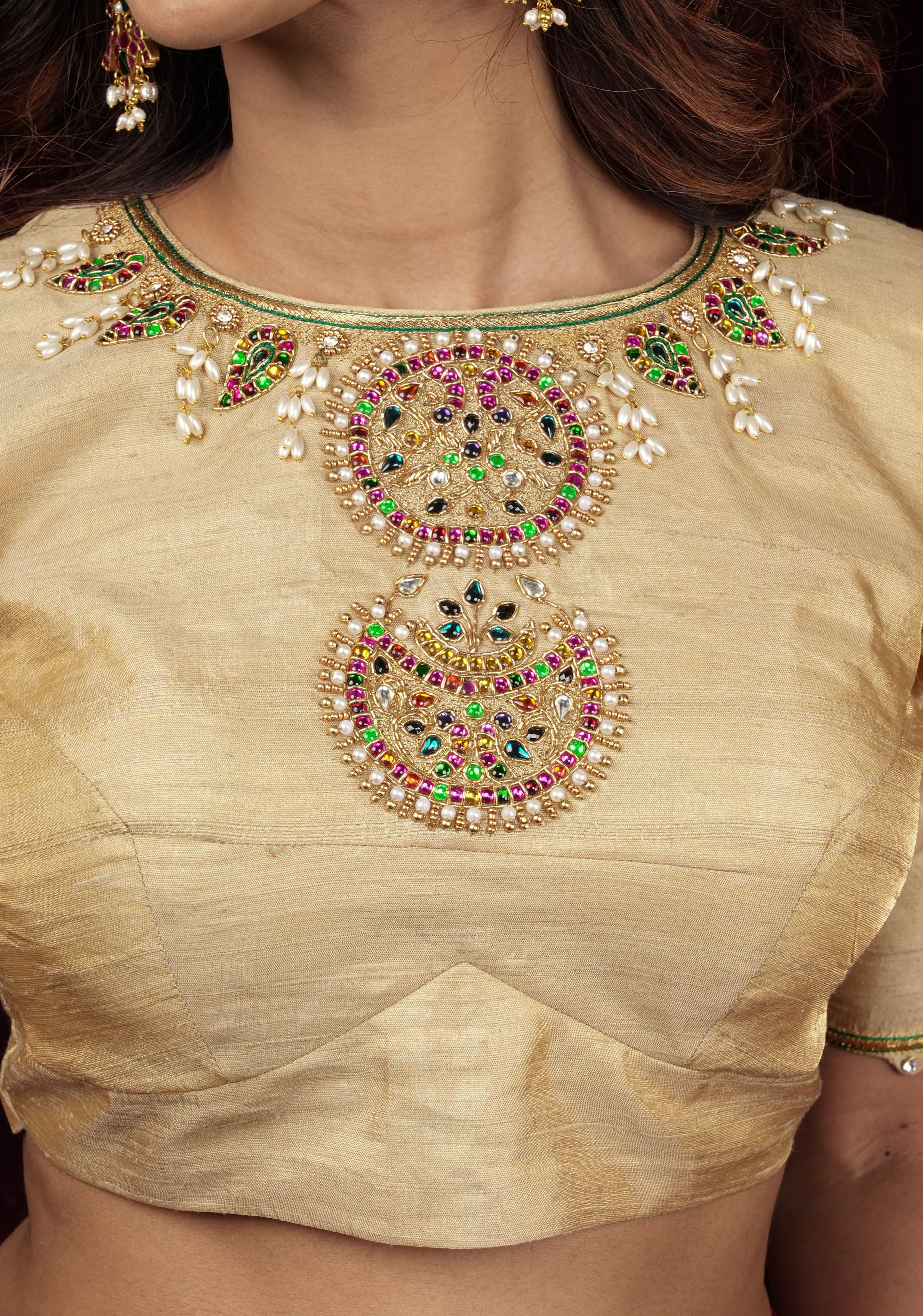 Sandalwood Color Pure Raw Silk Tissue Blouse with multicolor stone Necklace and Bajuband Handwork, Made to Order | Shobitam