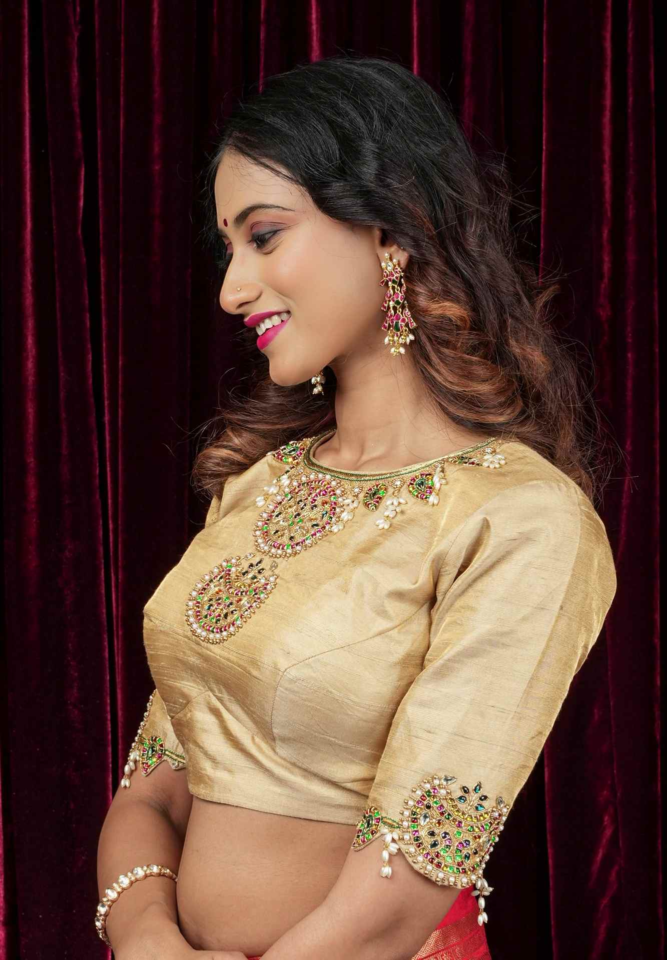 Sandalwood Color Pure Raw Silk Tissue Blouse with multicolor stone Necklace and Bajuband Handwork, Made to Order