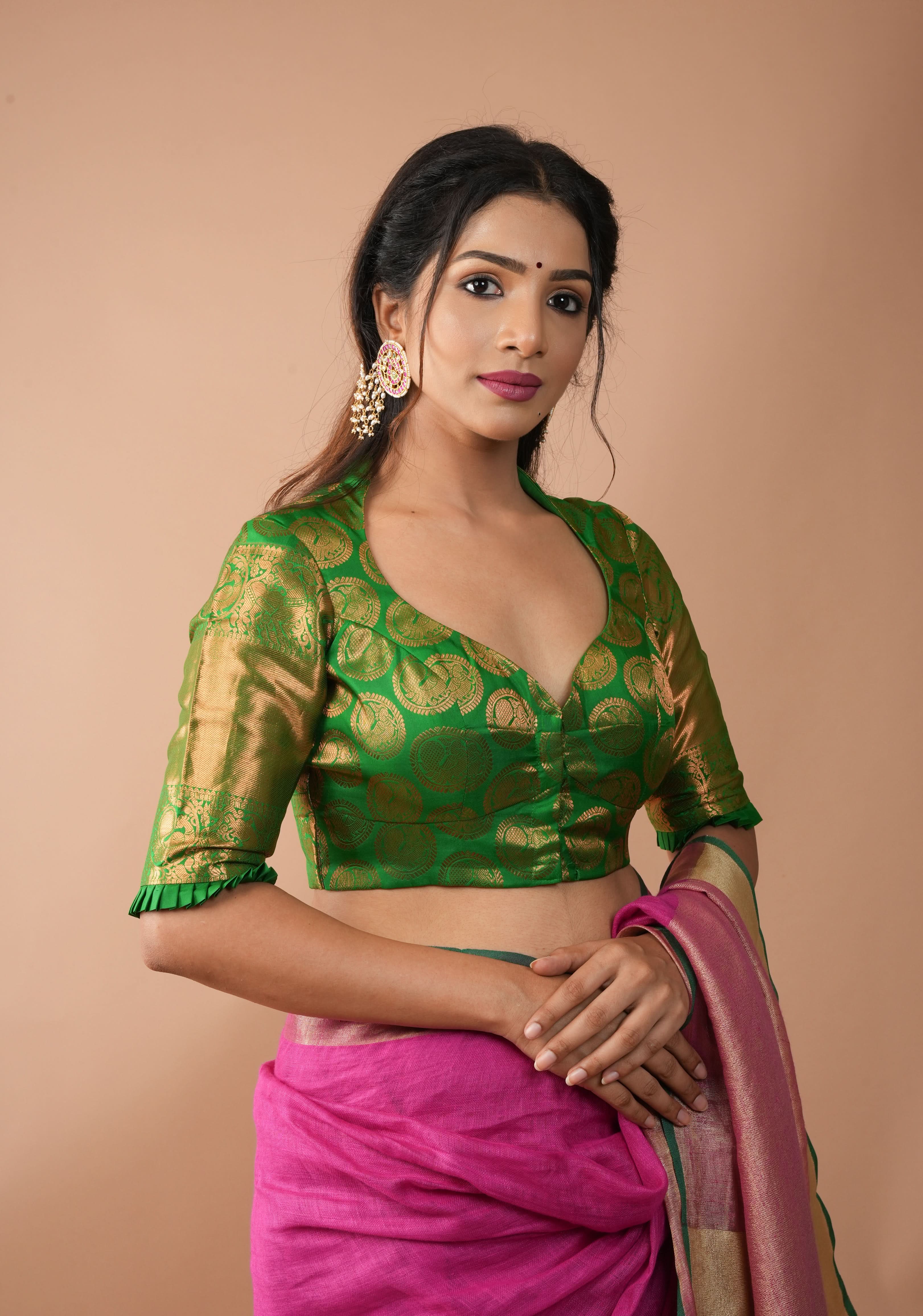 Leaf Green Pure Silk Kanjivaram Brocade Blouse with rising sun cutout and Potli Button detailing, Made to Order, Customization | Shobitam