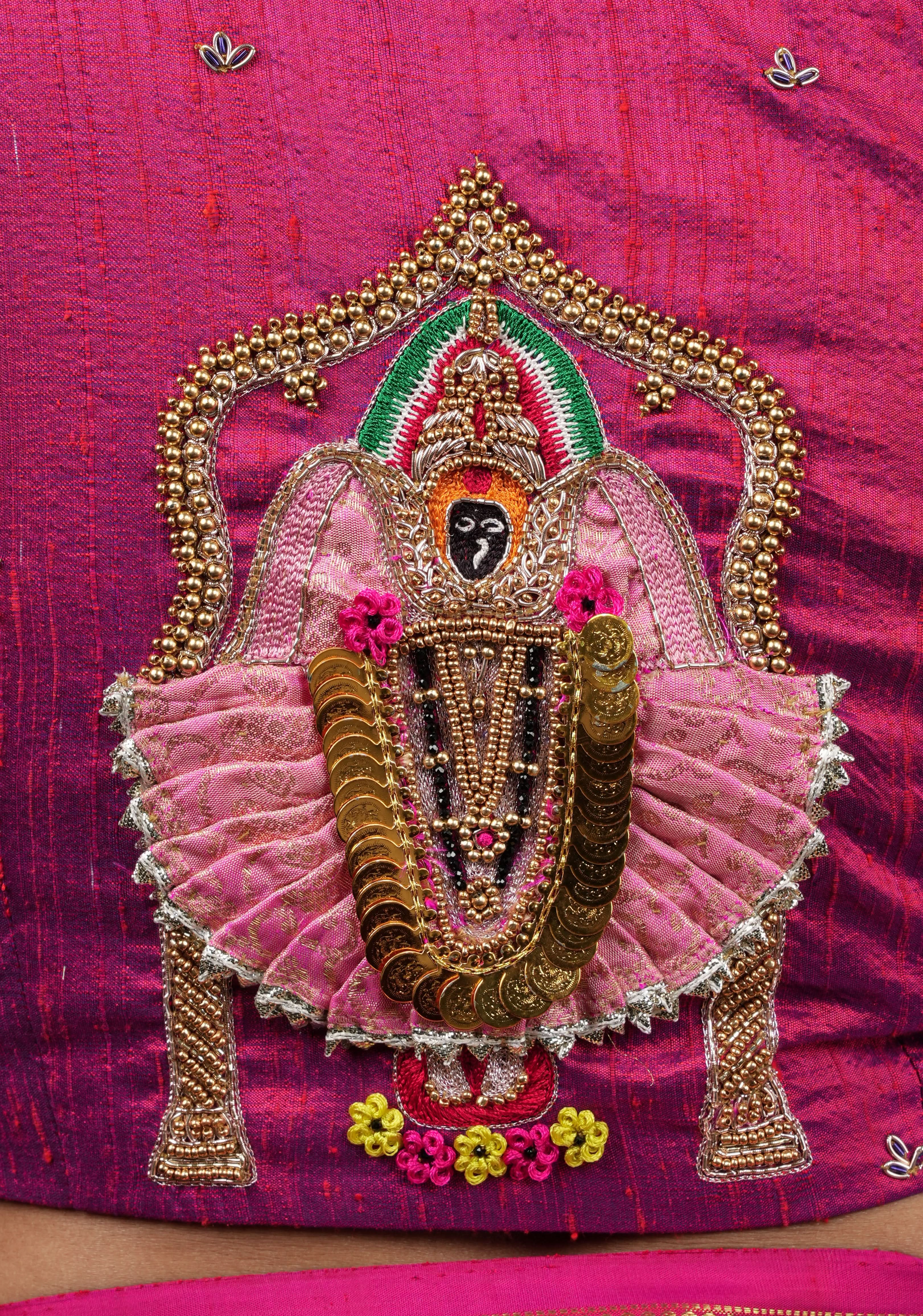 Kolhapuri Mahalakshmi Handwork Blouse on Fuchsia Dual Tone Pure Raw Silk | Made to Order | Shobitam