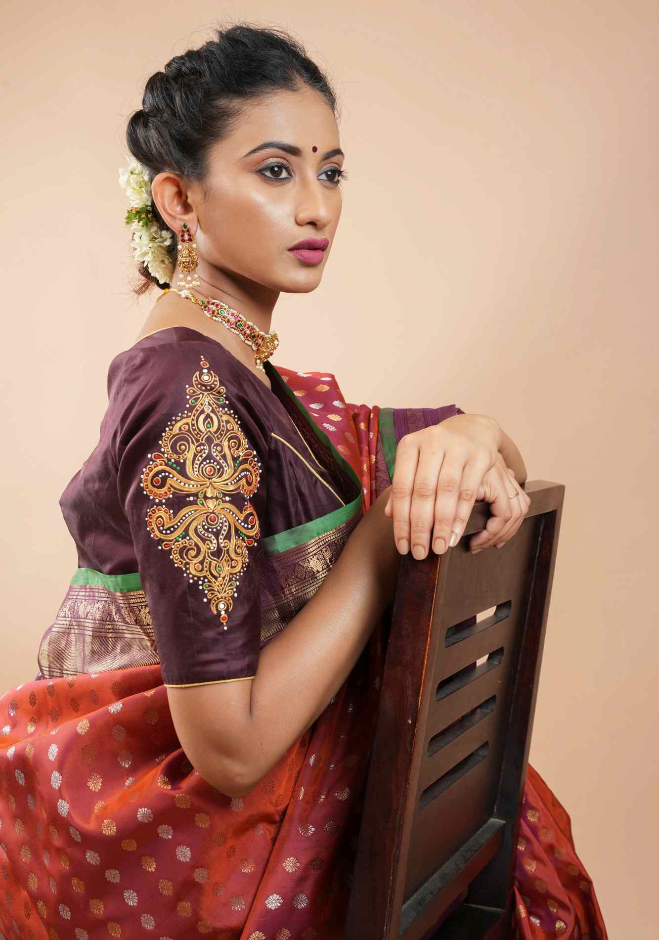 Brown Pure Silk Blouse with 3D Tanjore Art Damansk Motif on Sleeves and Arch Cutout back, Color Customization available, made to order