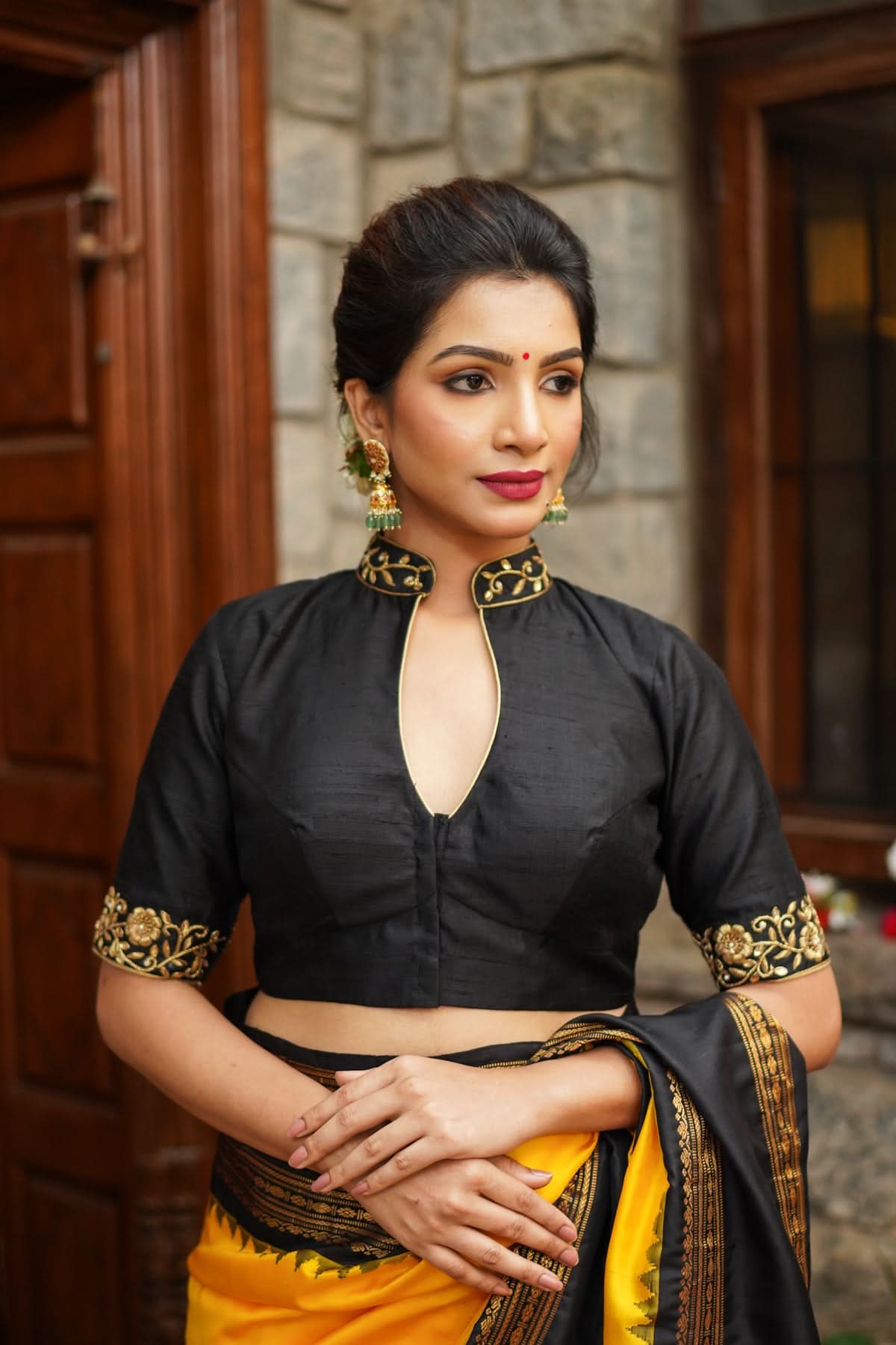 Black Raw Silk Blouse with Collar Neck and Zardosi Work Mix and Match Blouse for saree, Made to Order | Shobitam