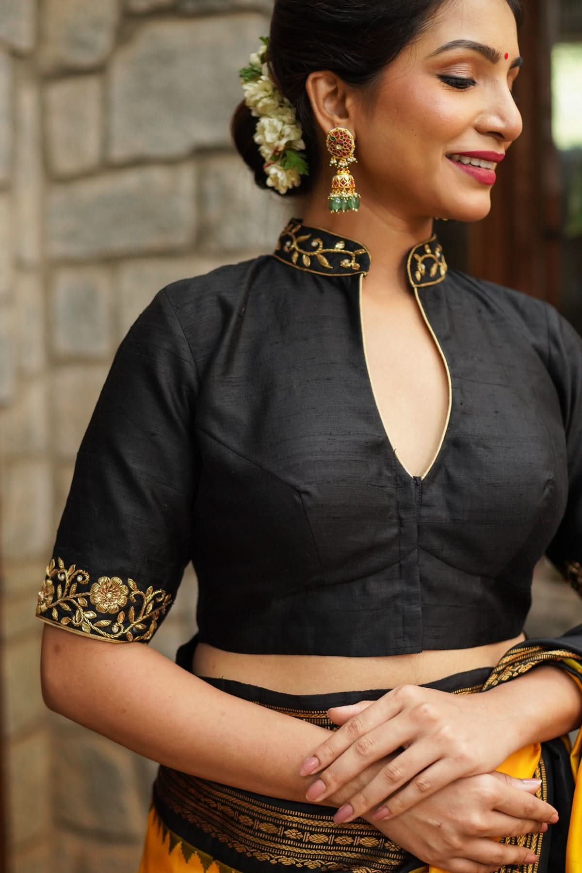 Black Raw Silk Blouse with Collar Neck and Zardosi Work Mix and Match Blouse for saree, Made to Order | Shobitam