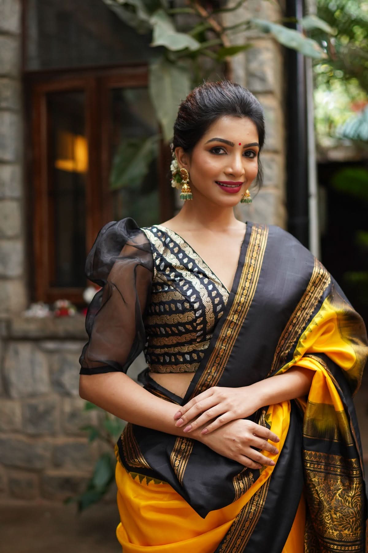 Black Brocade Blouse with Organza Puff Sleeves Mix and Match Blouse for saree, Made to Order | Shobitam