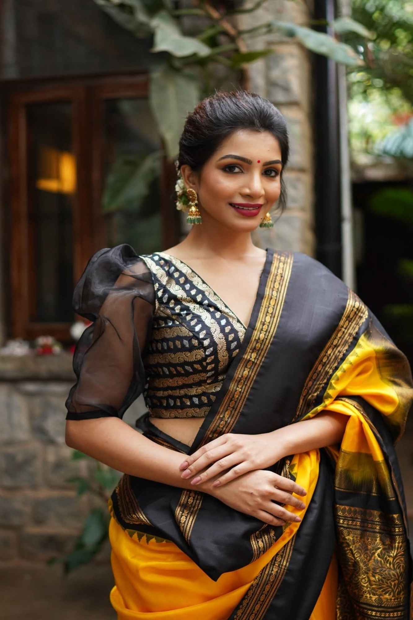 Black Brocade Blouse with Organza Puff Sleeves Mix and Match Blouse for saree, Made to Order