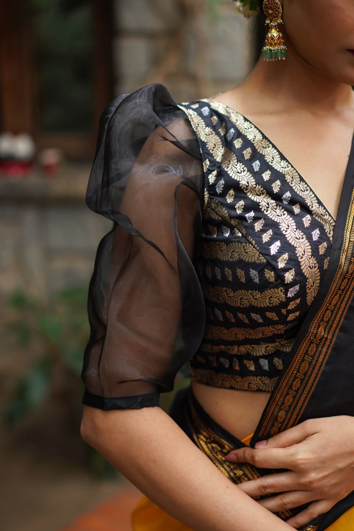 Black Brocade Blouse with Organza Puff Sleeves Mix and Match Blouse for saree, Made to Order | Shobitam