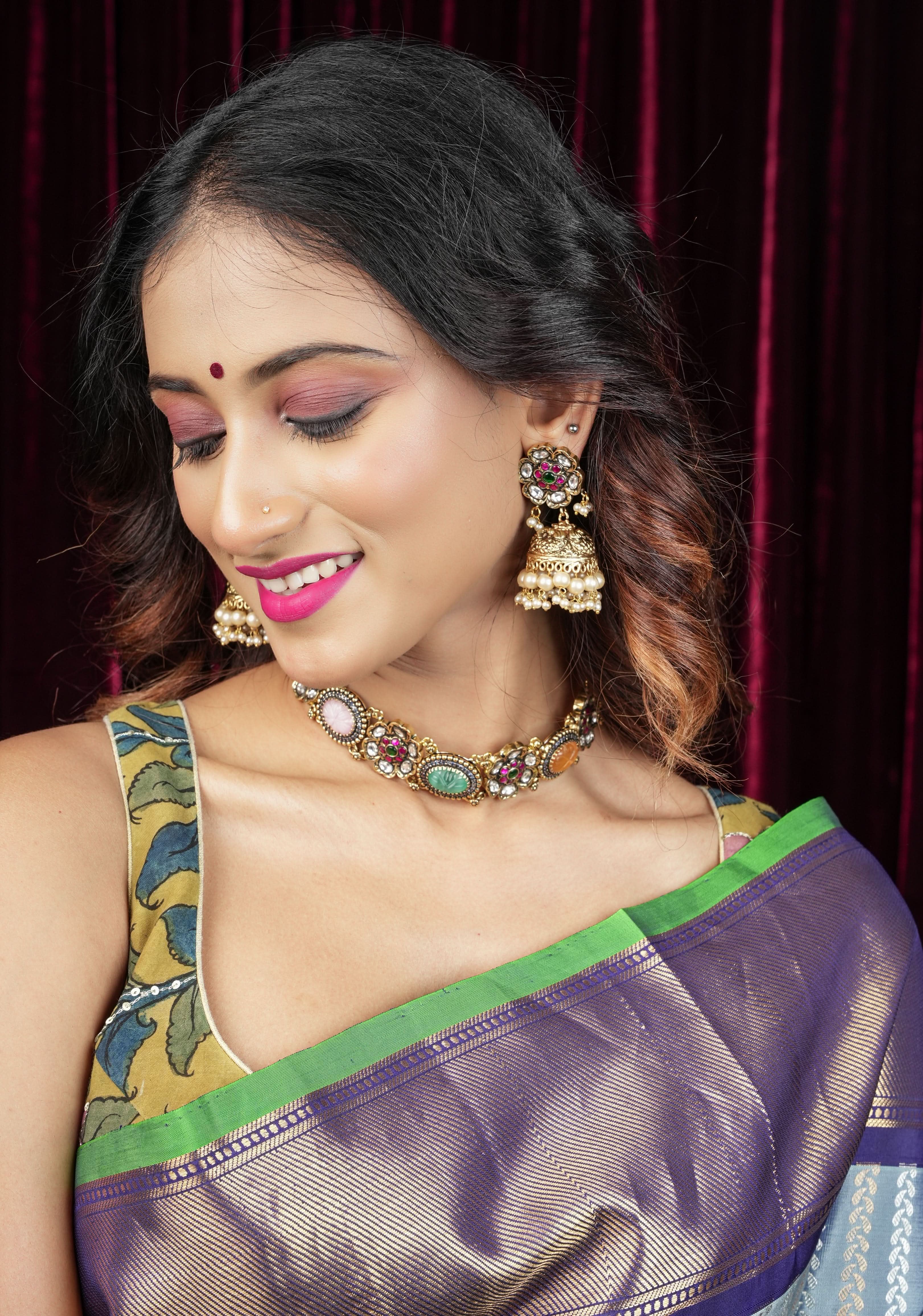 Pen Kalamkari Plunge Neck Blouse in Yellow with light sequin work and blue raw silk contrast, Made to Order | Shobitam