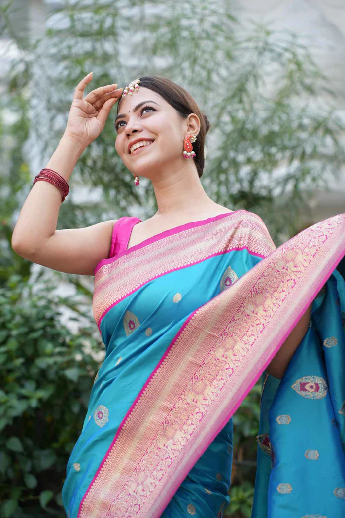 Cyan Ready to Wear saree Kanjivaram Inspired with Butte Zari Work & Designer Woven Border Wrap In 1 Minute | SILK MARK CERTIFIED