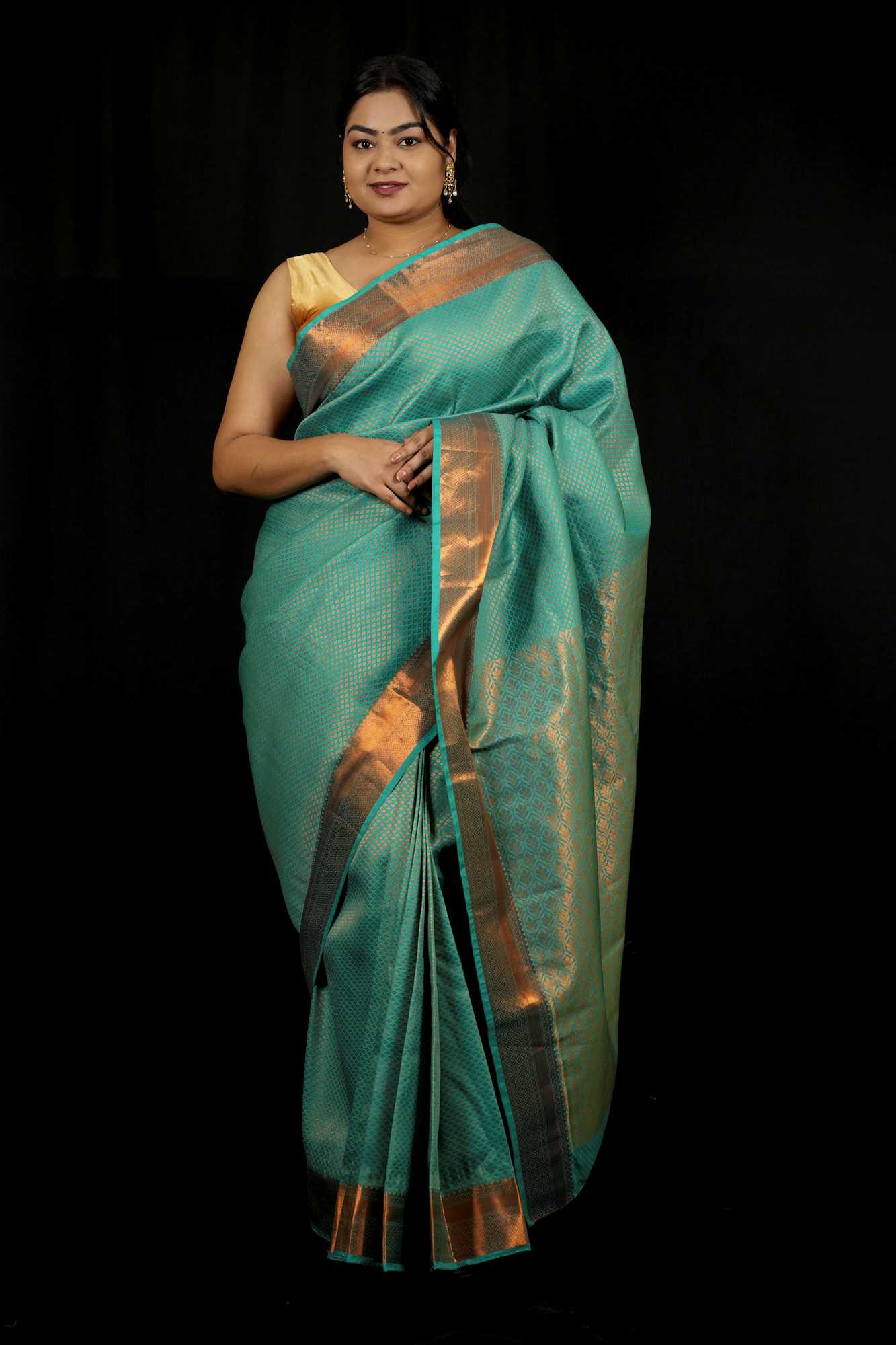 Bridal Silk with Intricate Geometric Weave & Rich Zari Border Ready To Wear Saree