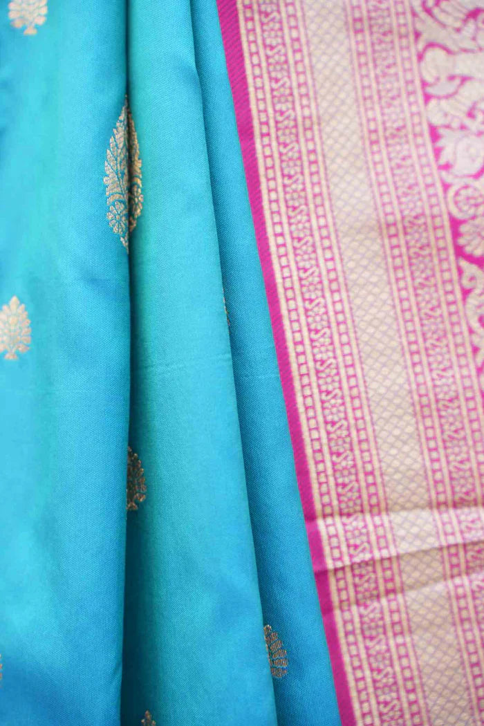 Cyan Ready to Wear saree Kanjivaram Inspired with Butte Zari Work & Designer Woven Border Wrap In 1 Minute | SILK MARK CERTIFIED