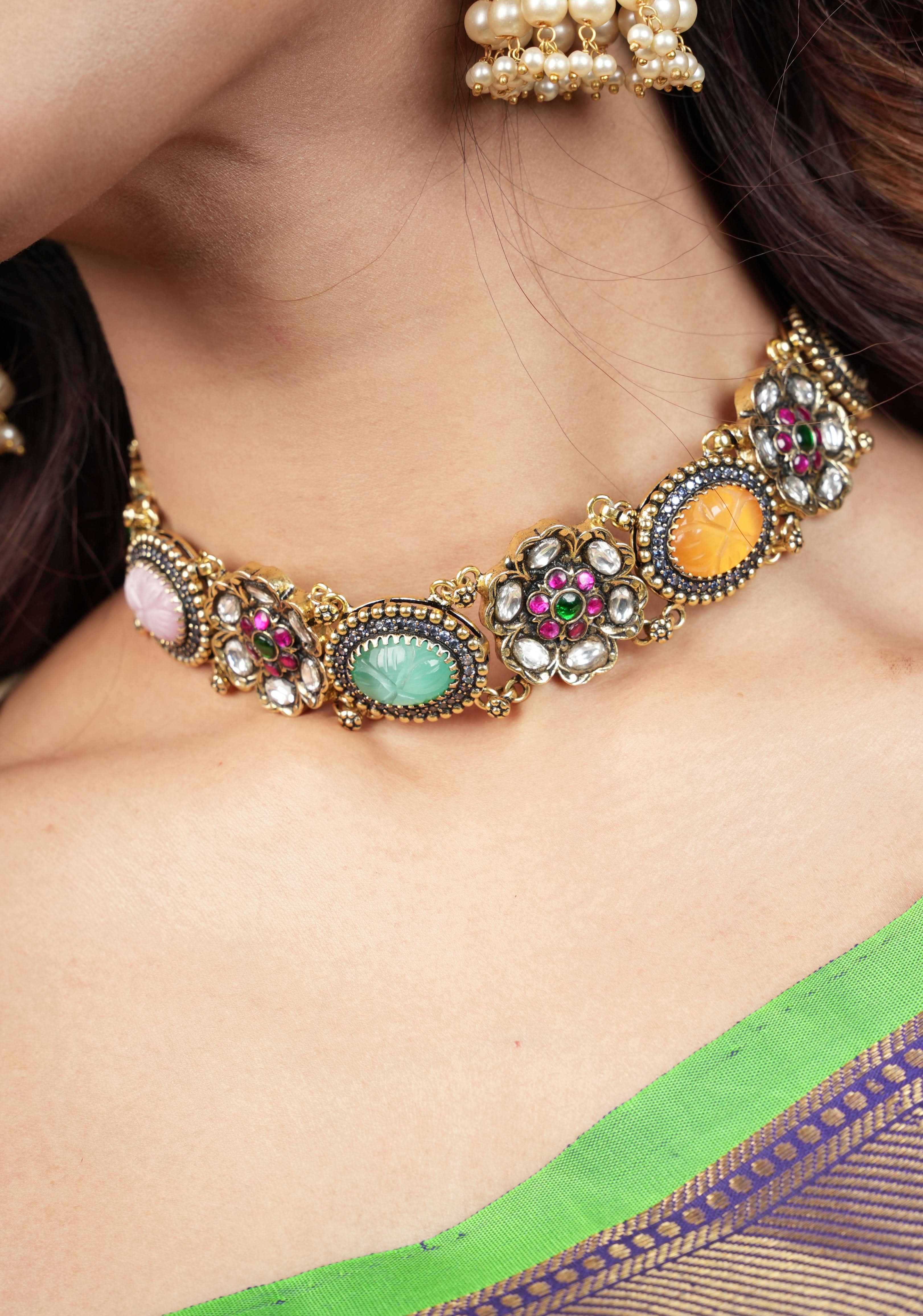 Multicolor Stones Contemporary Choker Set with Jhumka Earrings| Shobitam Jewelry